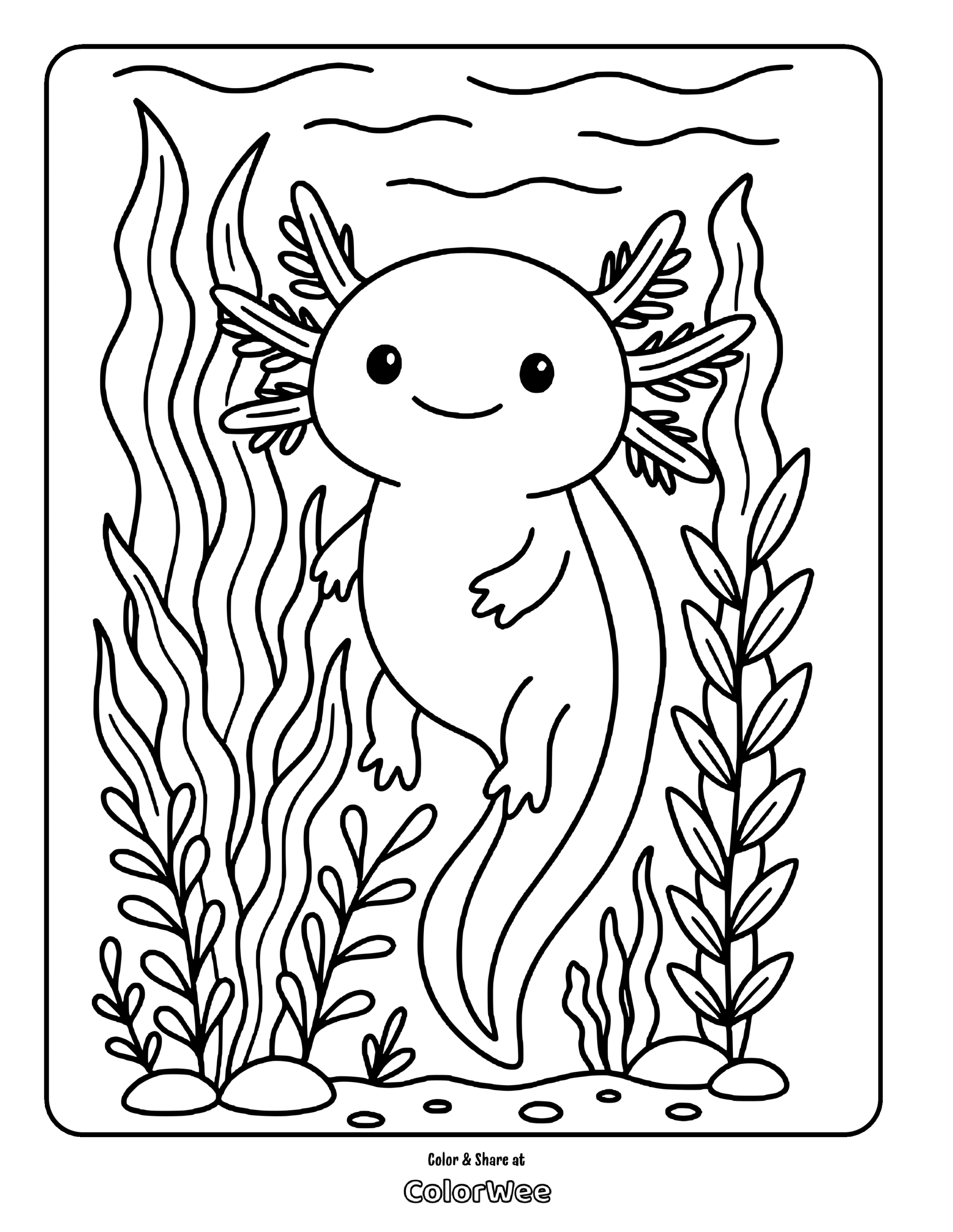 Cute axolotl coloring page with underwater plants.