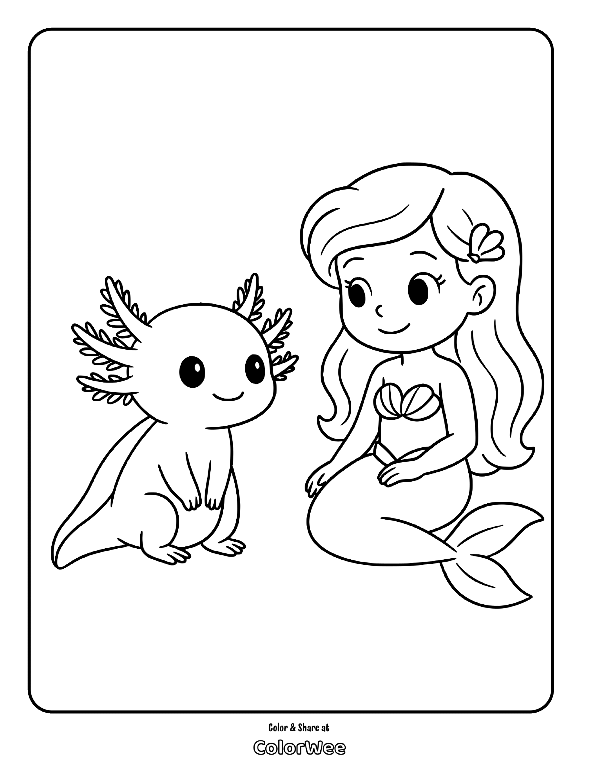 Mermaid and axolotl coloring page for kids.