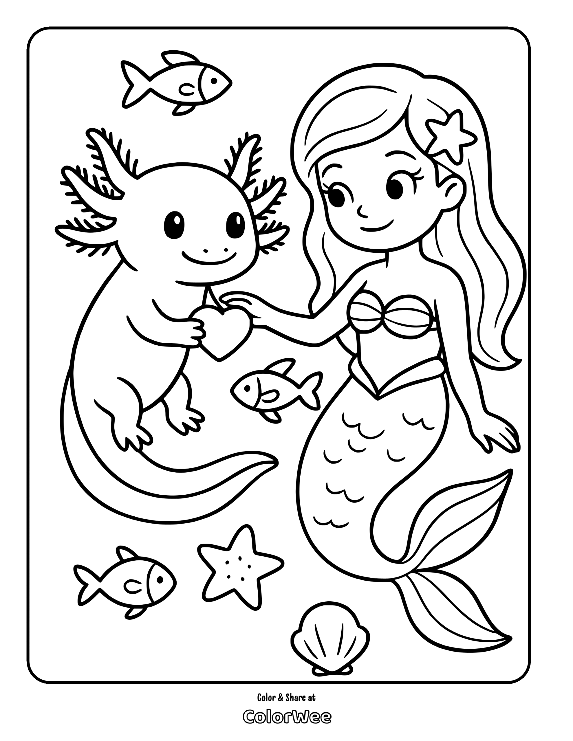 Mermaid and axolotl coloring page with sea creatures.
