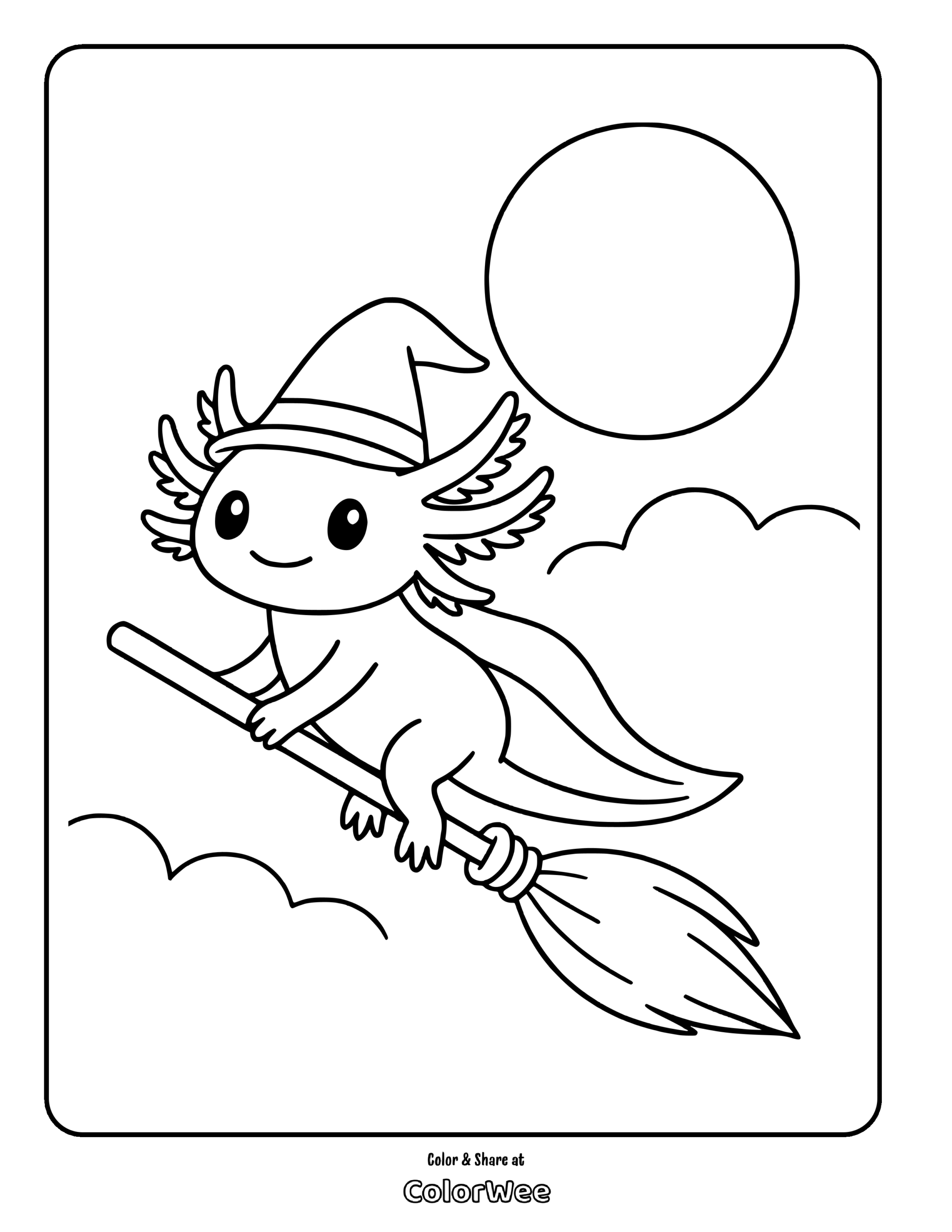 Cute Axolotl Witch Flying on Broom Coloring Page