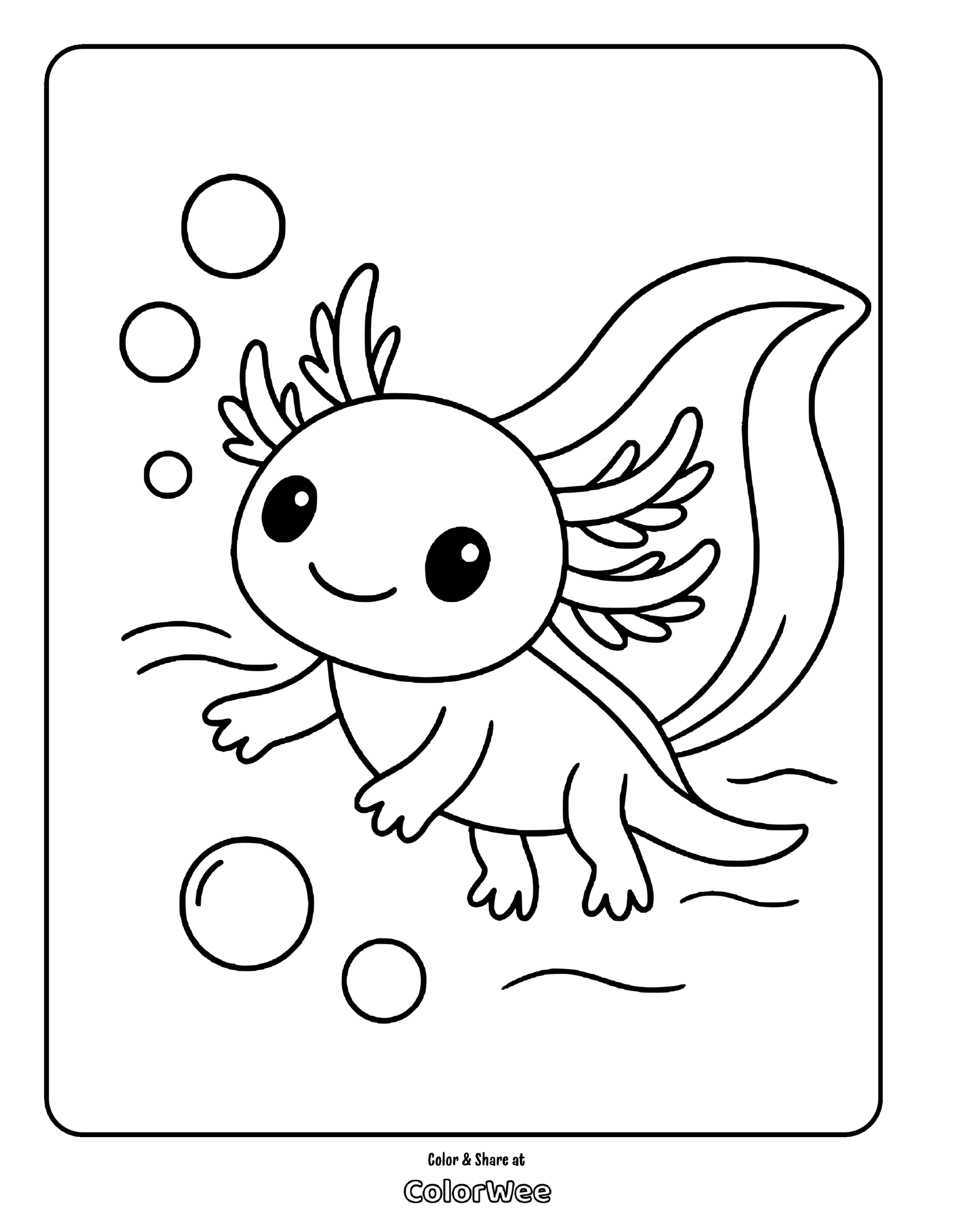 Cute axolotl coloring page with bubbles and smiling face.