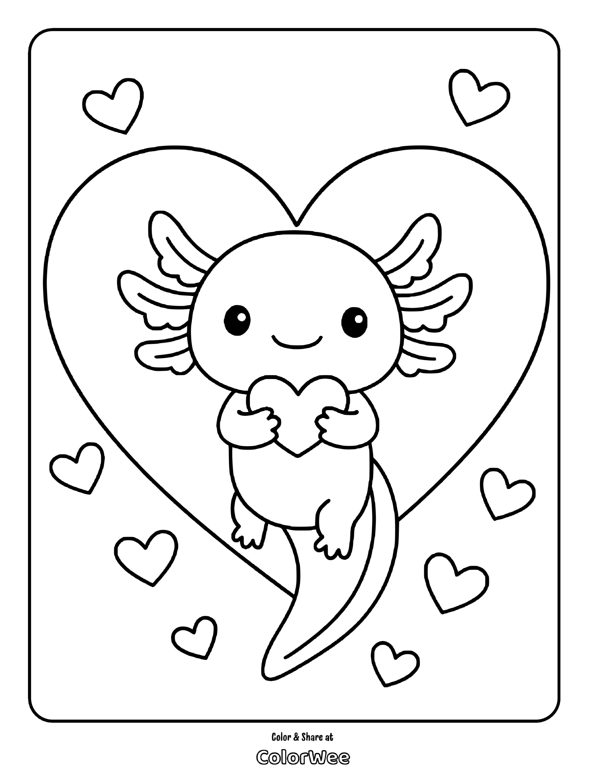 Cute Axolotl with Hearts Coloring Page for Kids