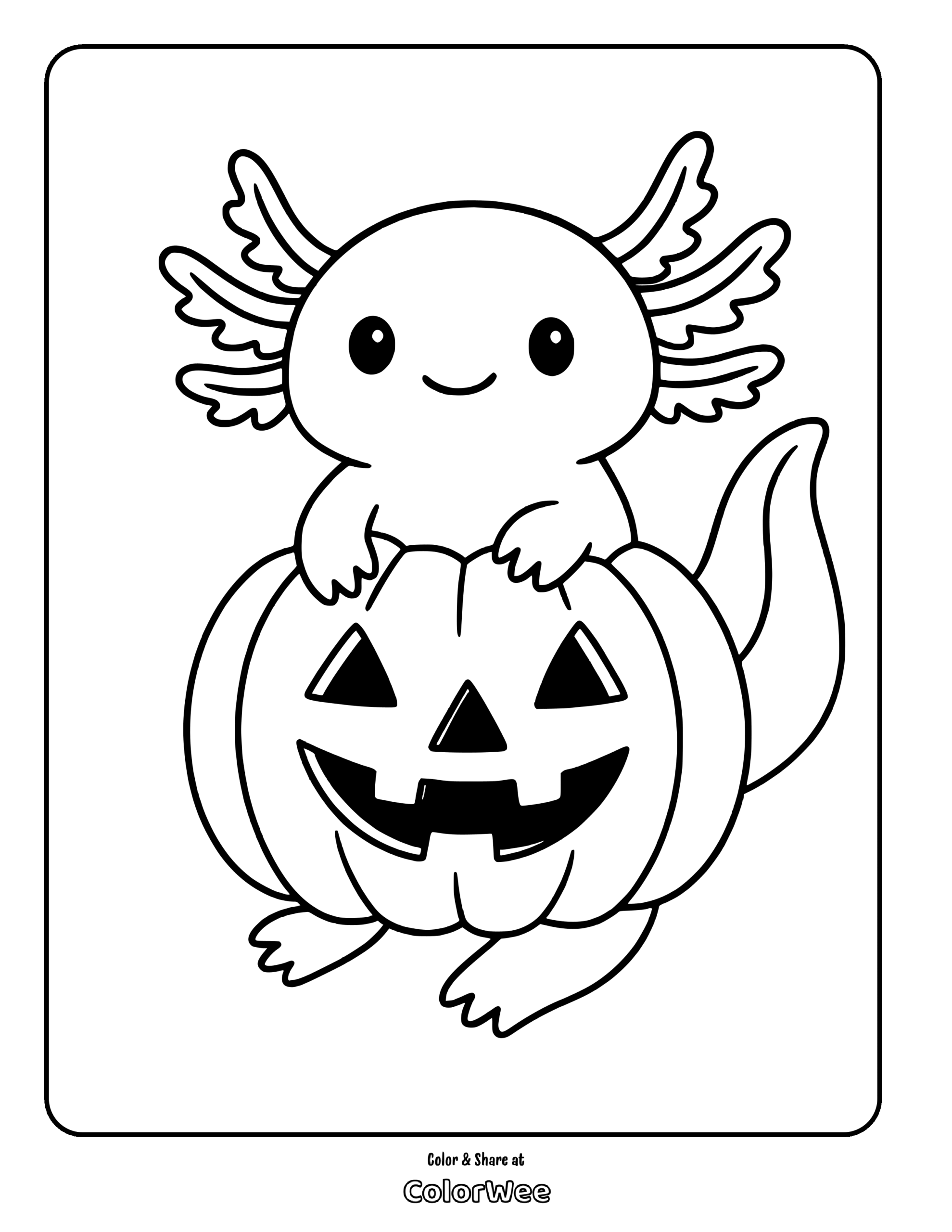 Axolotl on a pumpkin coloring page for kids.