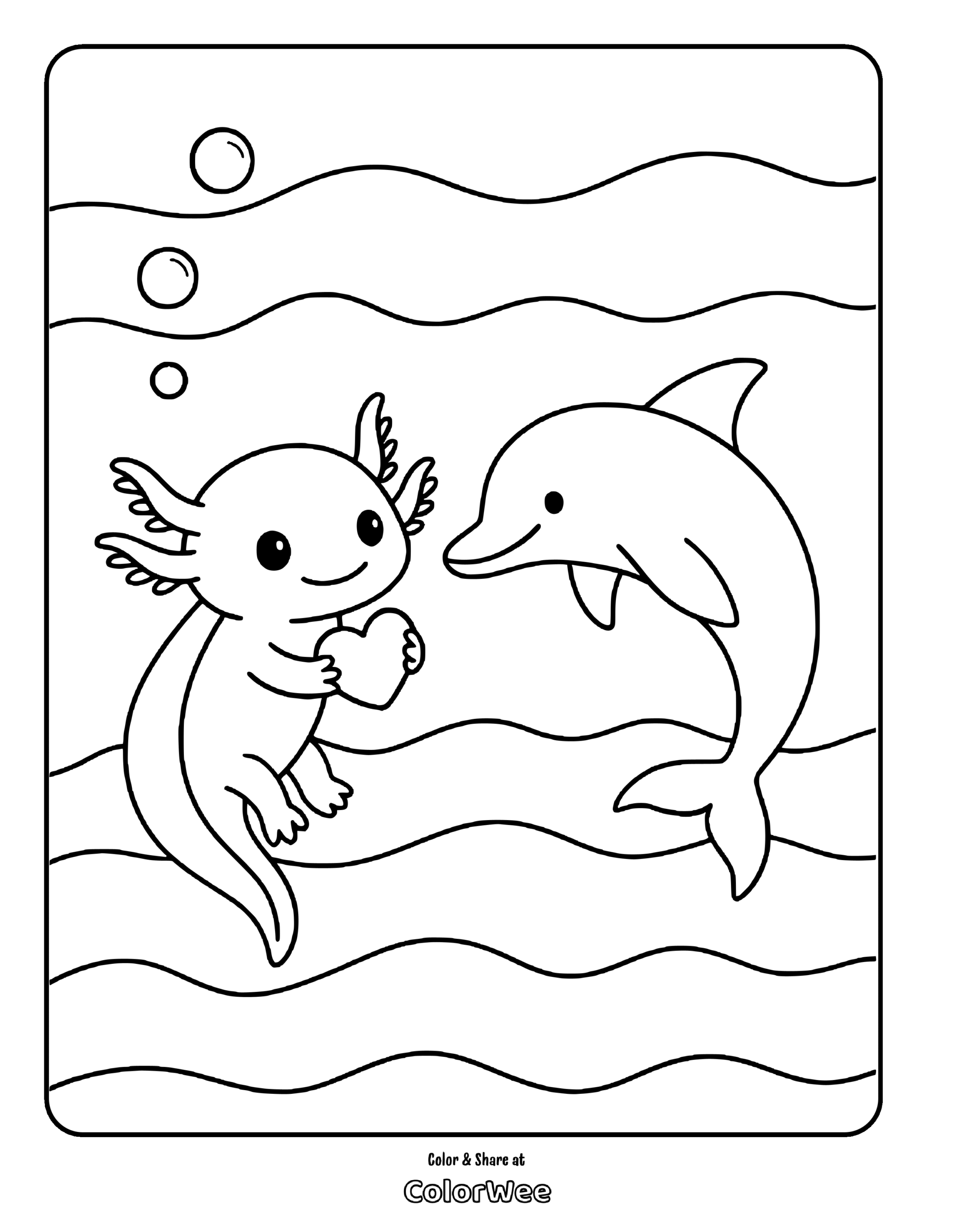 Axolotl and dolphin sharing a heart under the sea coloring page