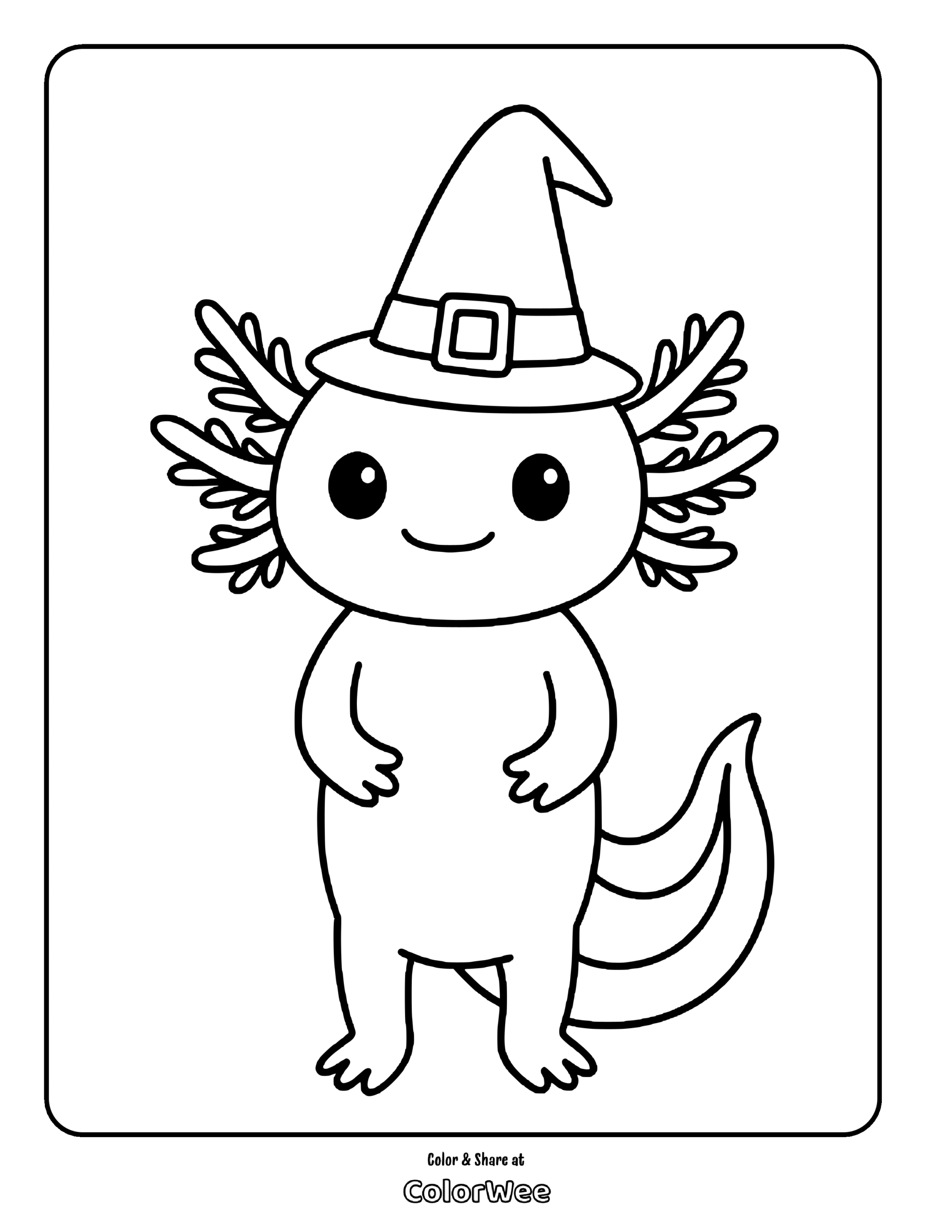 Axolotl in witch hat coloring page. Cute fantasy creature to color.