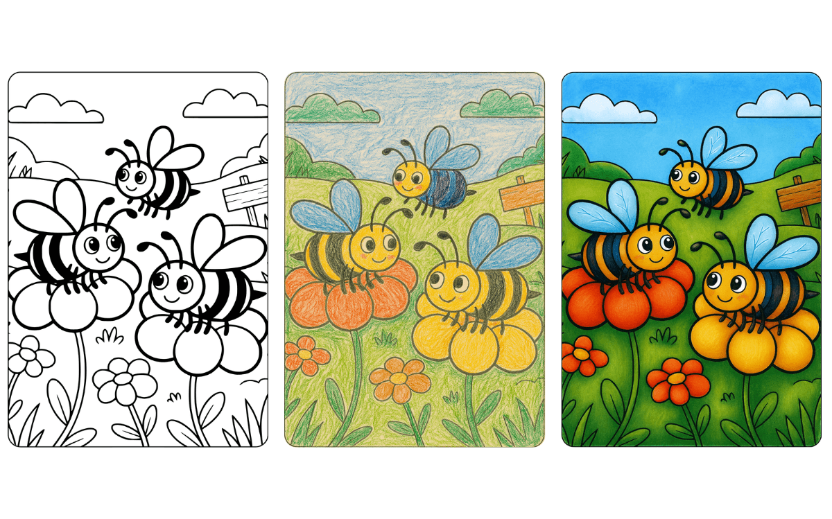 Bee coloring pages 1 Friendly bees on flowers coloring page.