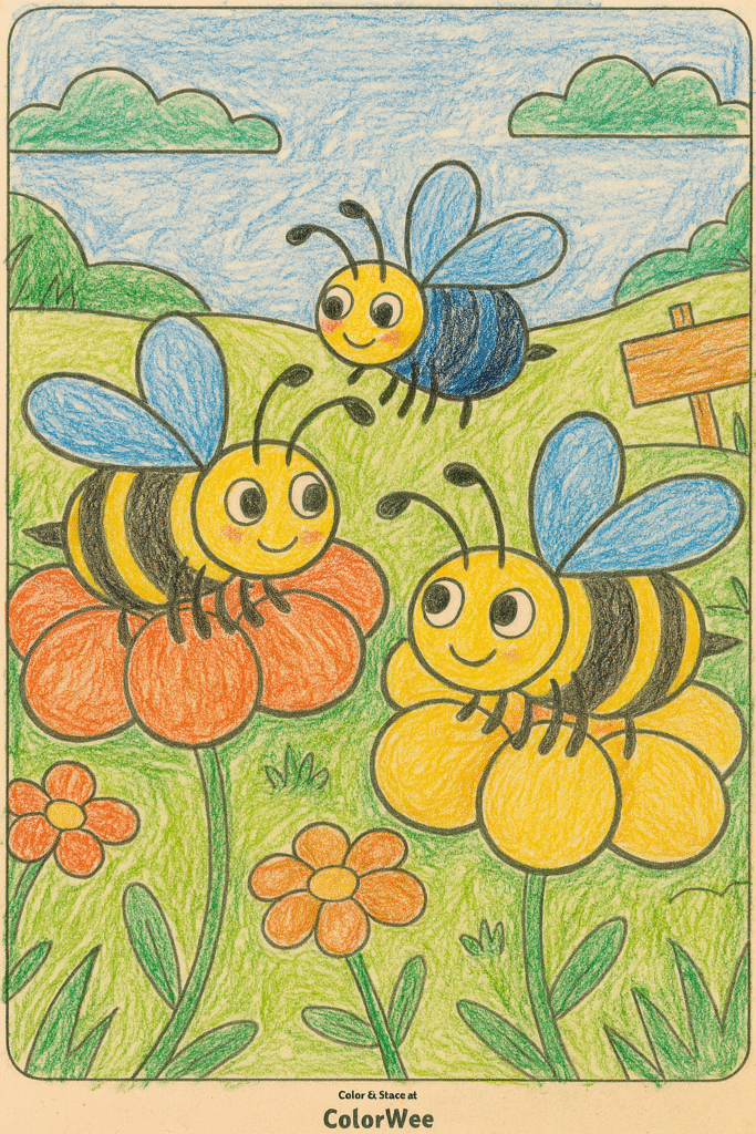 Bee coloring pages 2 Three colorful cartoon bees on flowers in a sunny meadow coloring page.