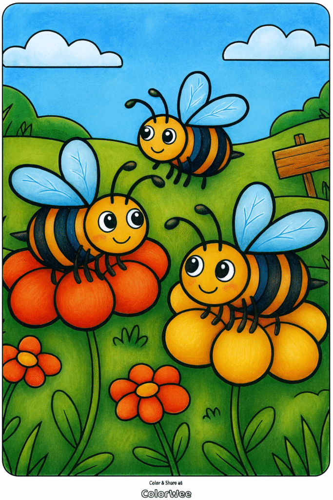 Bee coloring pages 3 Cute bees on colorful flowers in a sunny cartoon landscape.