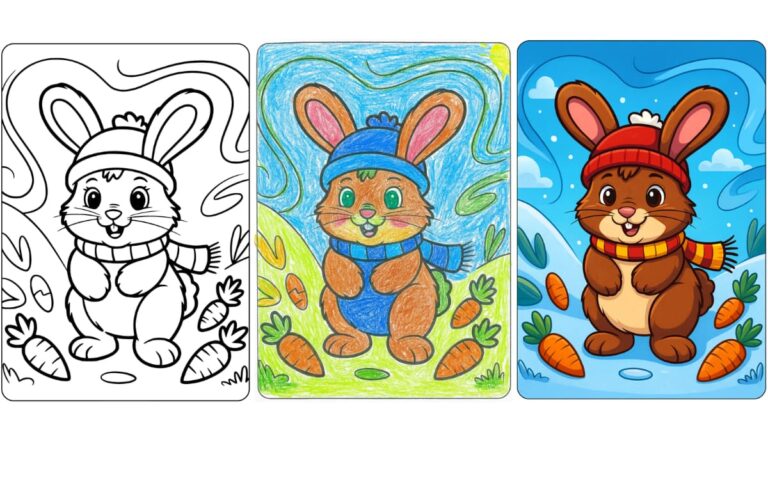 Cute winter bunny coloring page with scarf and carrots.