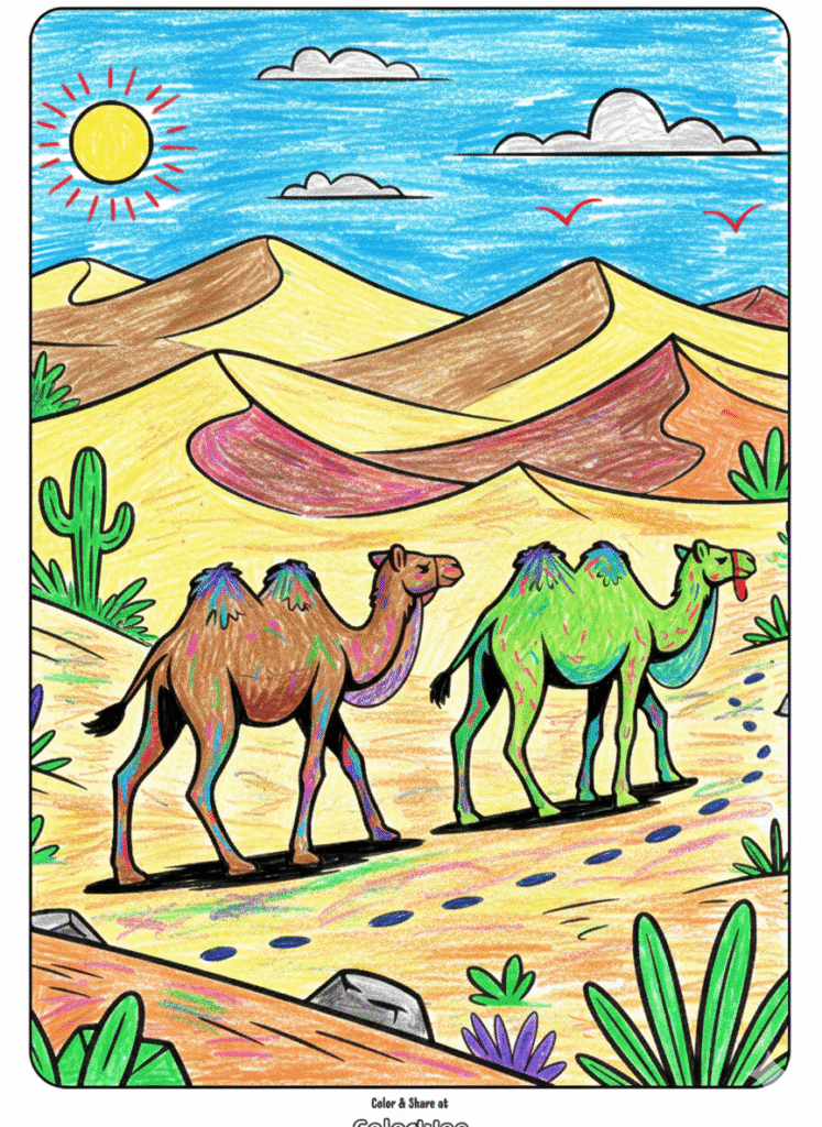Colorful camels in a vibrant desert landscape for kids' coloring fun.