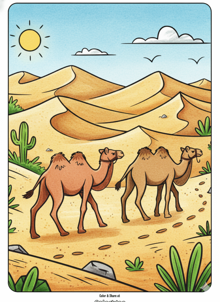 Desert scene with camels and sand dunes coloring page.