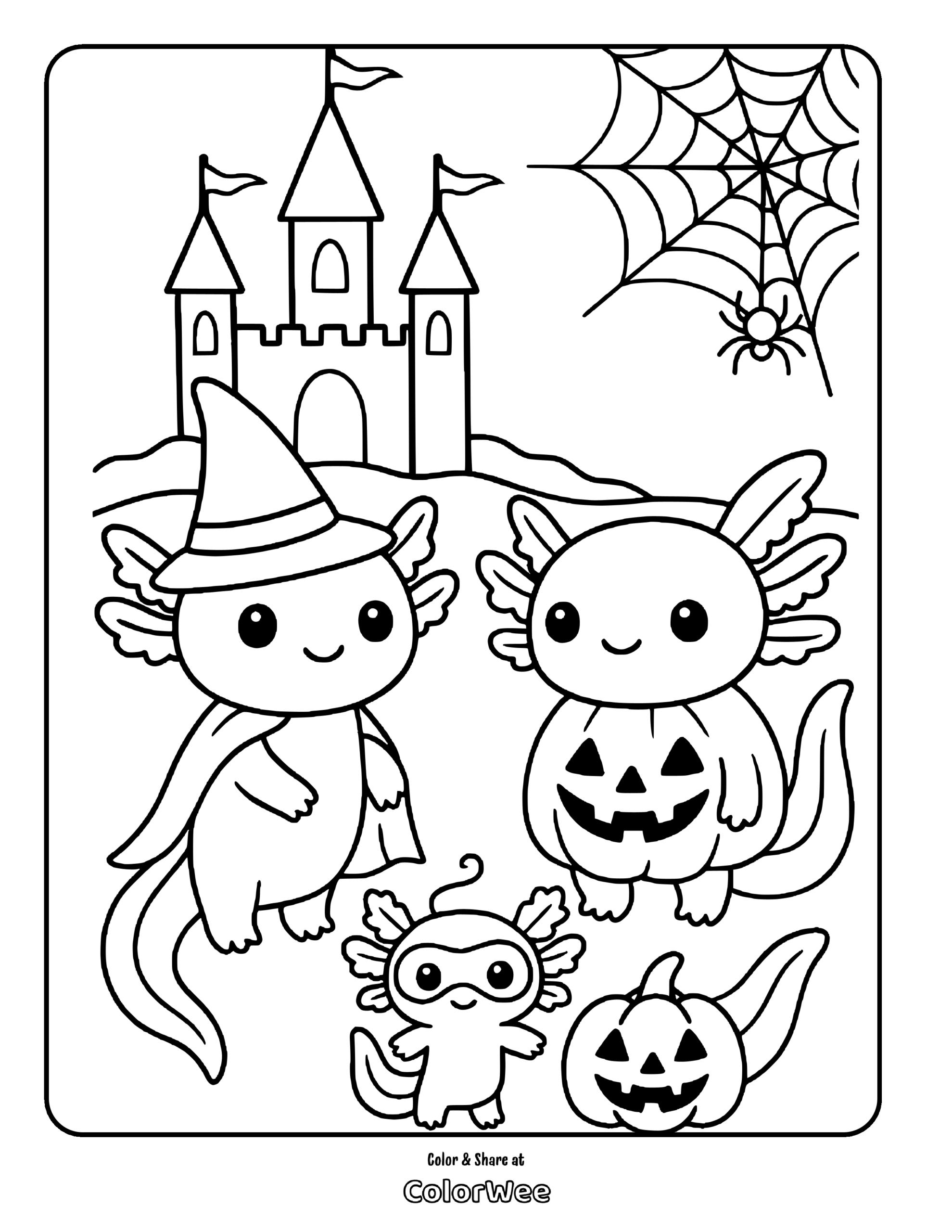 Cute Halloween axolotls with pumpkins and castle coloring page.