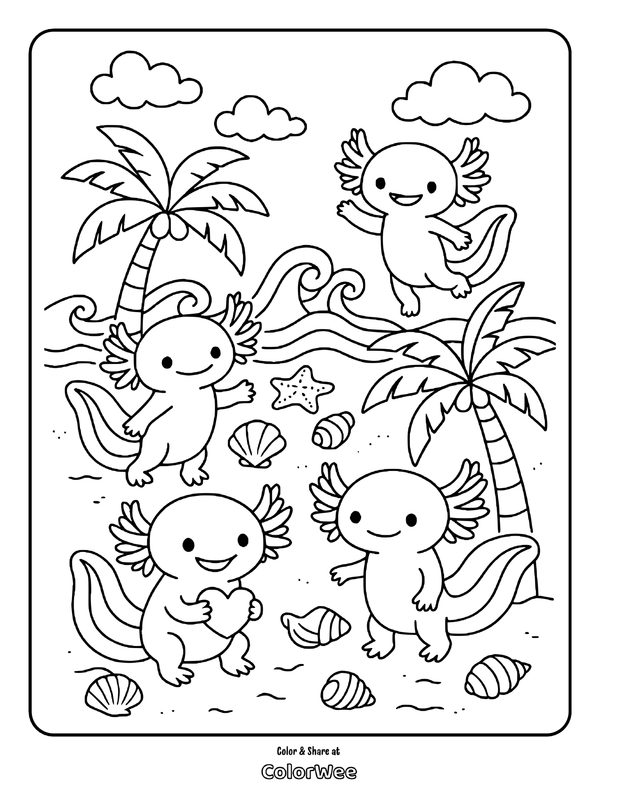 Axolotl beach party coloring page with palm trees and seashells.