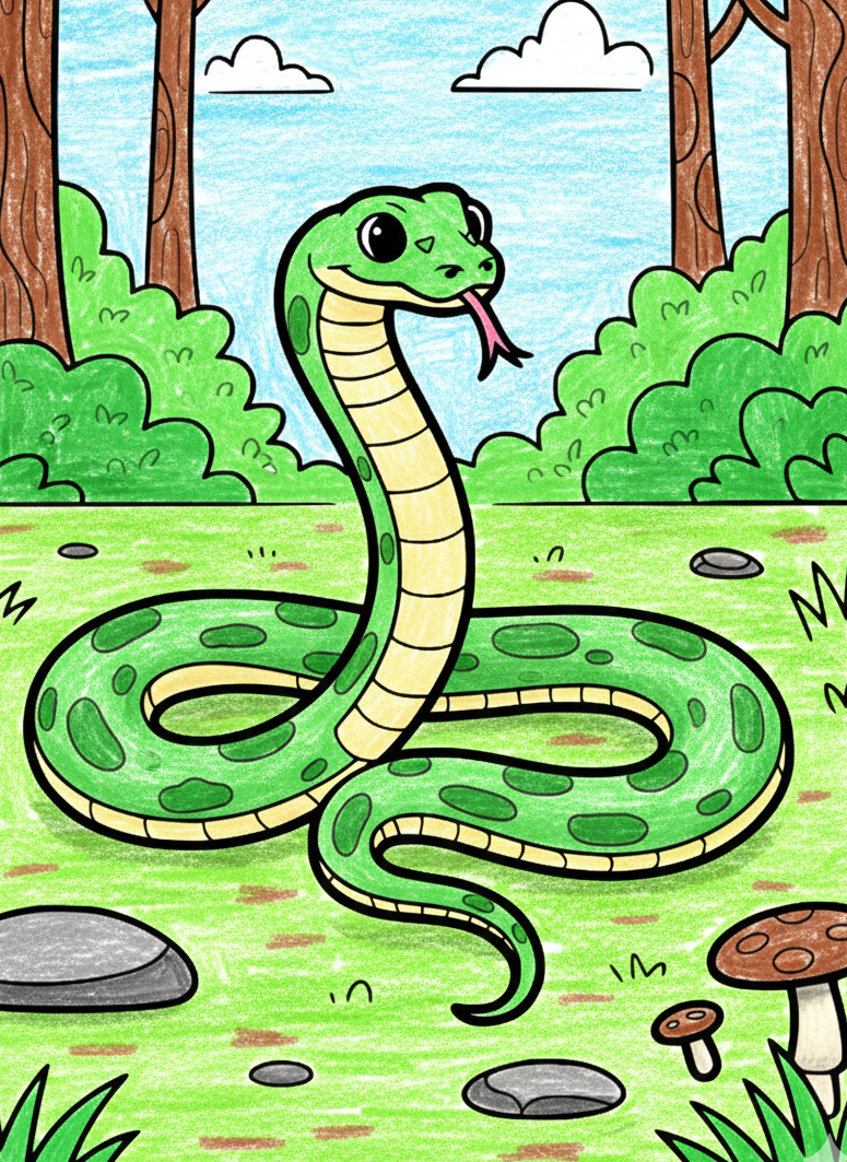 Coloring page of a cute green snake in a forest setting