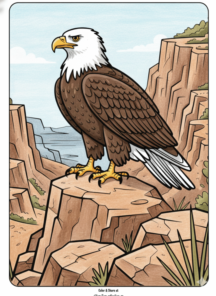 Bald eagle standing on rocky cliff, coloring page.