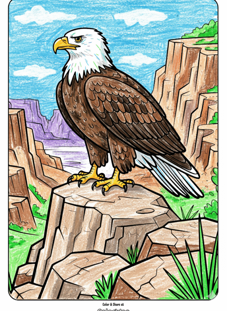 Bald eagle coloring page in canyon landscape.