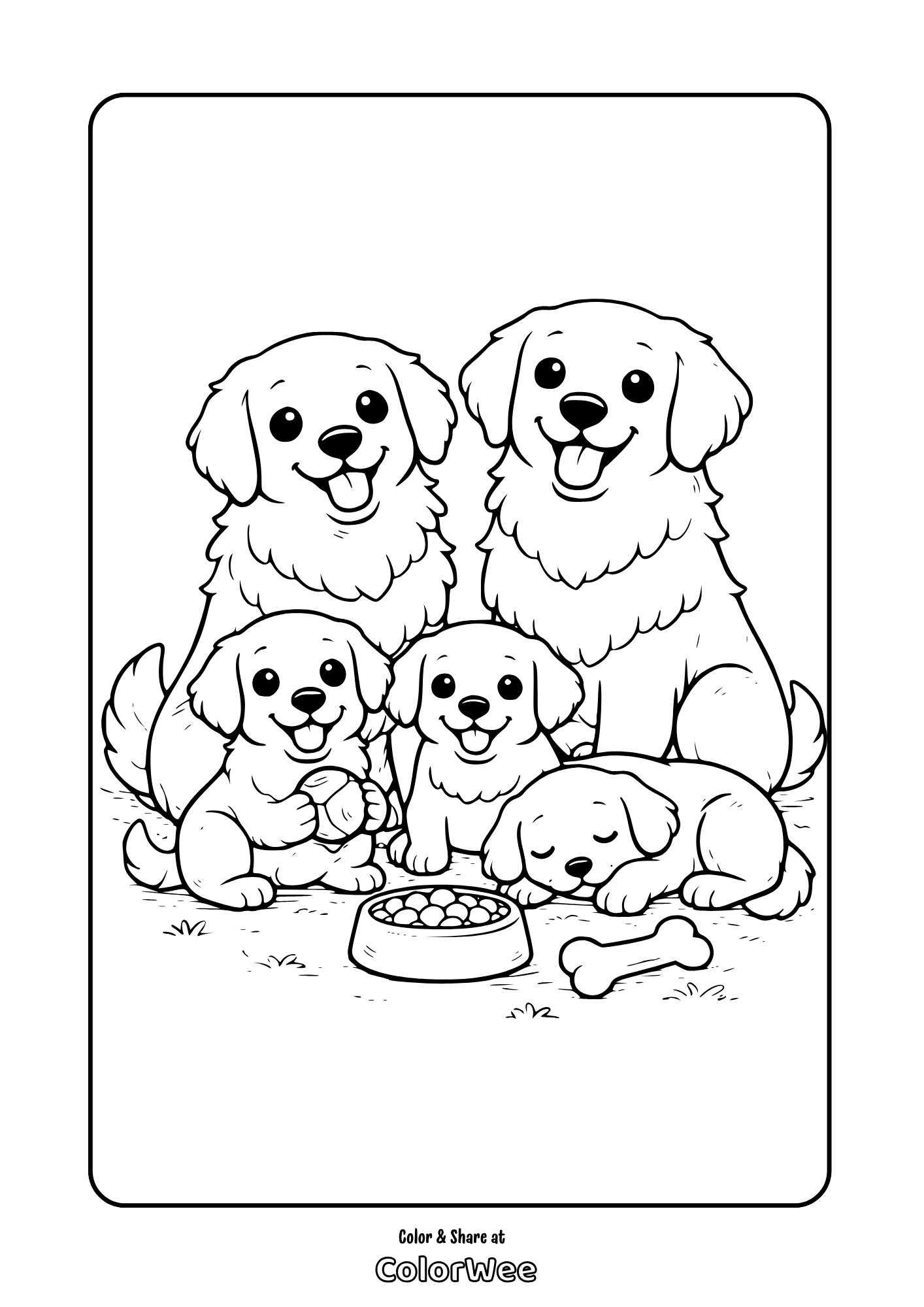 Family of cute puppies coloring page.