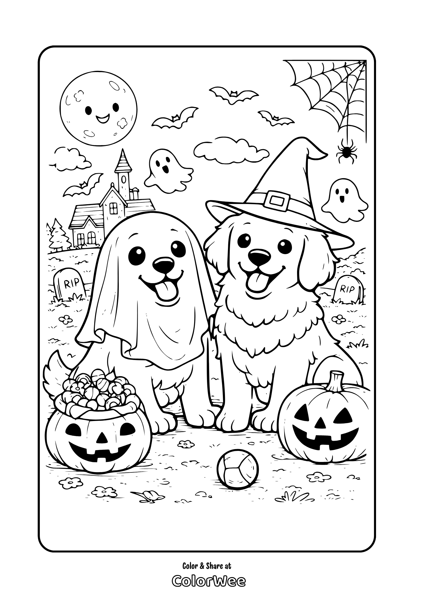 Halloween dogs with costumes and pumpkins coloring page.