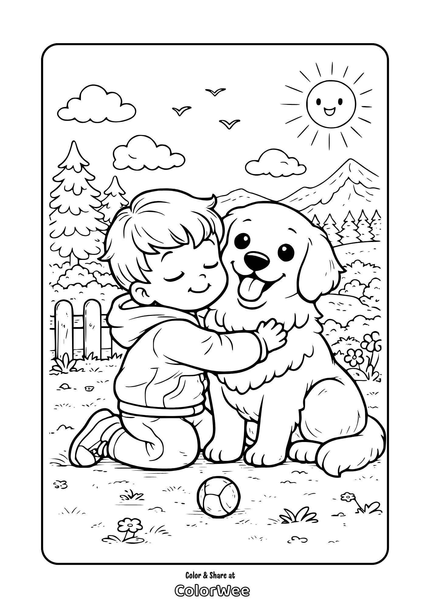 Child hugging a dog in a sunny outdoor scene coloring page.