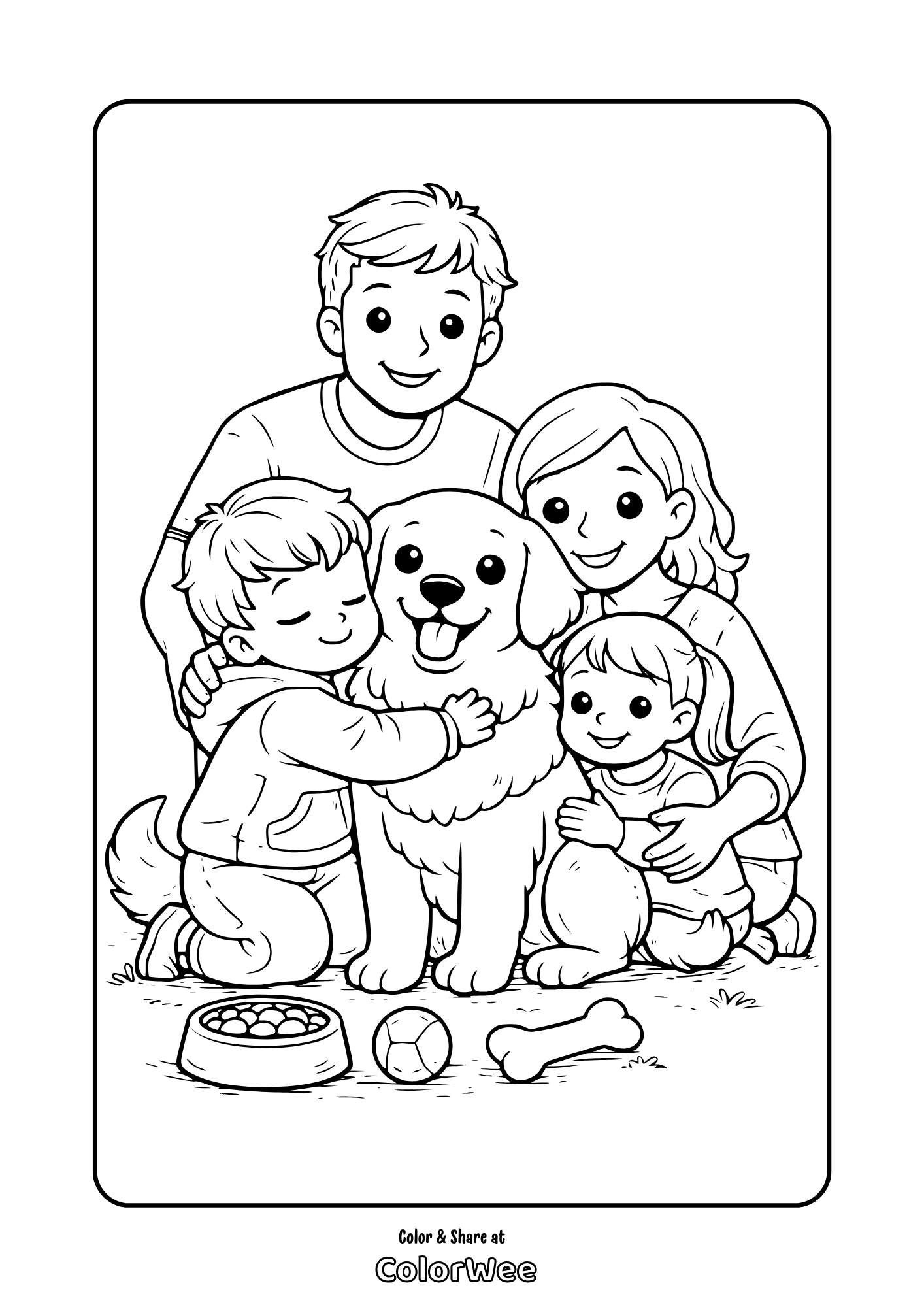 Family and dog coloring page: kids hugging their pet with toys.