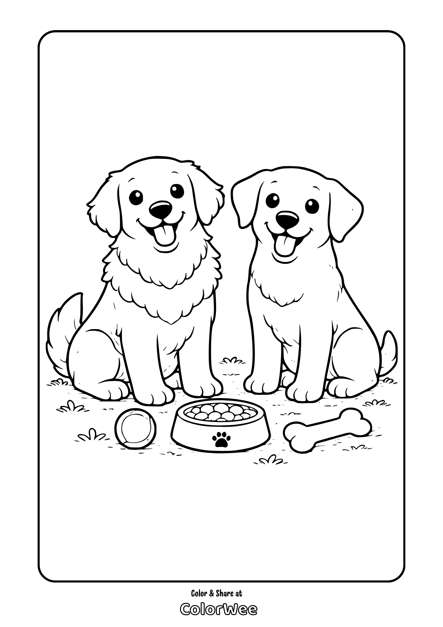 Two happy puppies with bone and food, coloring page.