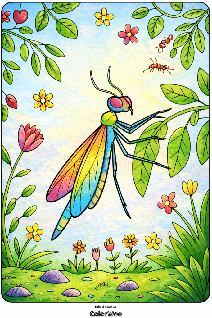 Insect Coloring Pages 1 Colorful insect in garden with flowers and leaves coloring page.