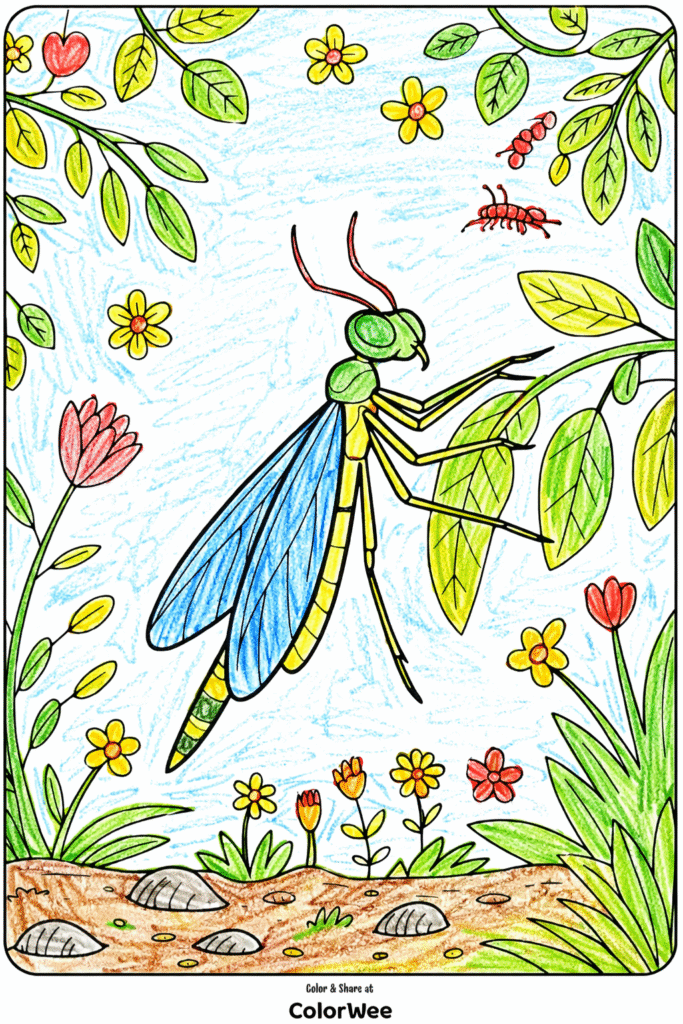 Insect Coloring Pages 2 Colorful insect on leaf with flowers and ants in background.