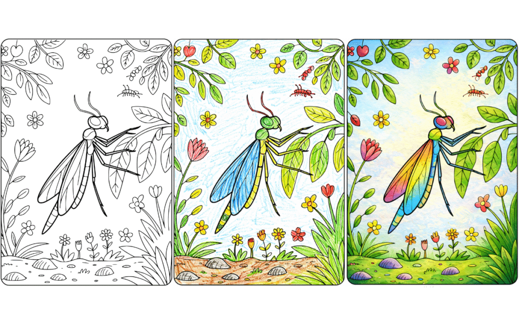 Colorful insect on a leaf with flowers and leaves coloring page.