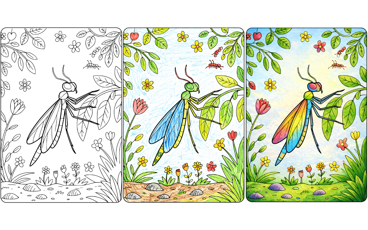 Insect Coloring Pages 3 Colorful insect on a leaf with flowers and leaves coloring page.