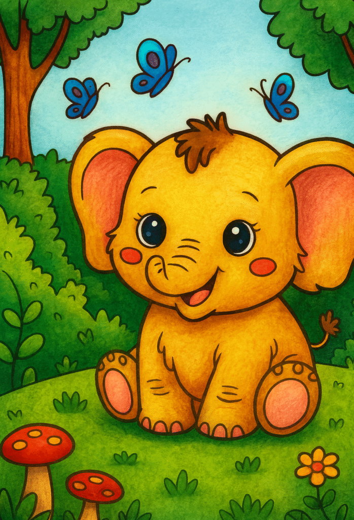 Kawaii Animals Coloring Pages 2 Cute baby elephant with butterflies in colorful forest scene.
