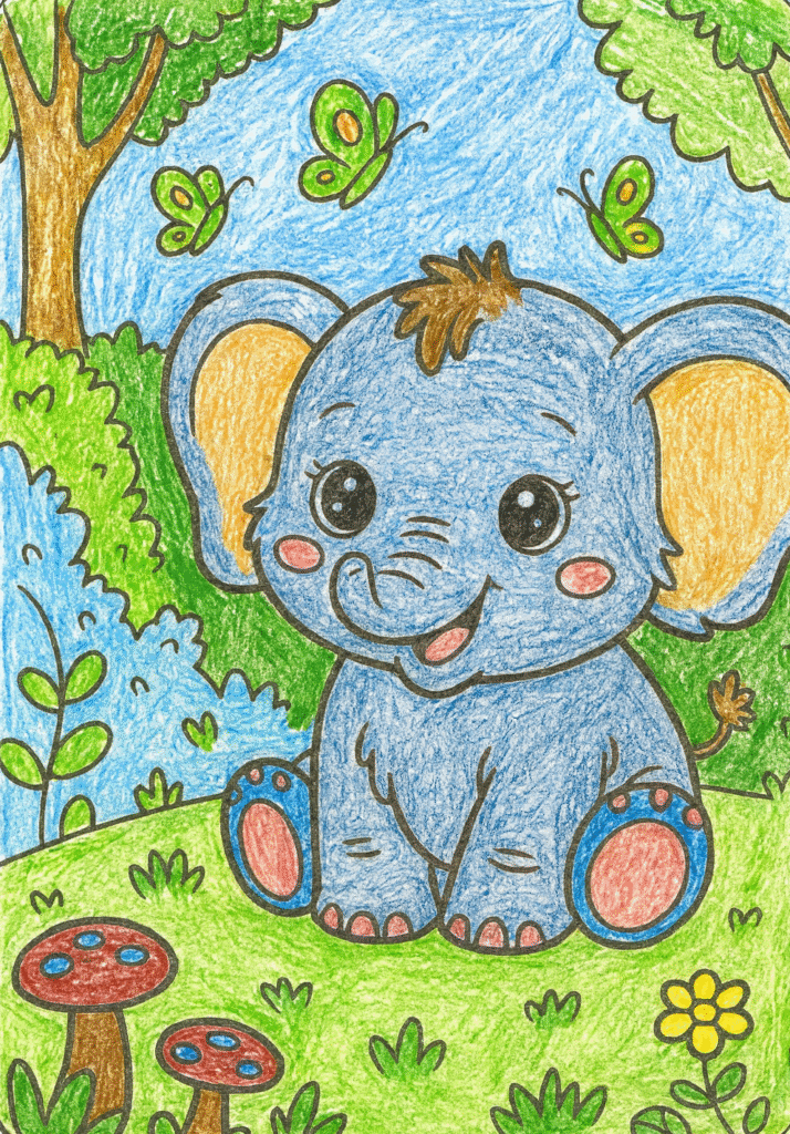 Kawaii Animals Coloring Pages 1 Cute baby elephant in colorful forest scene coloring page.