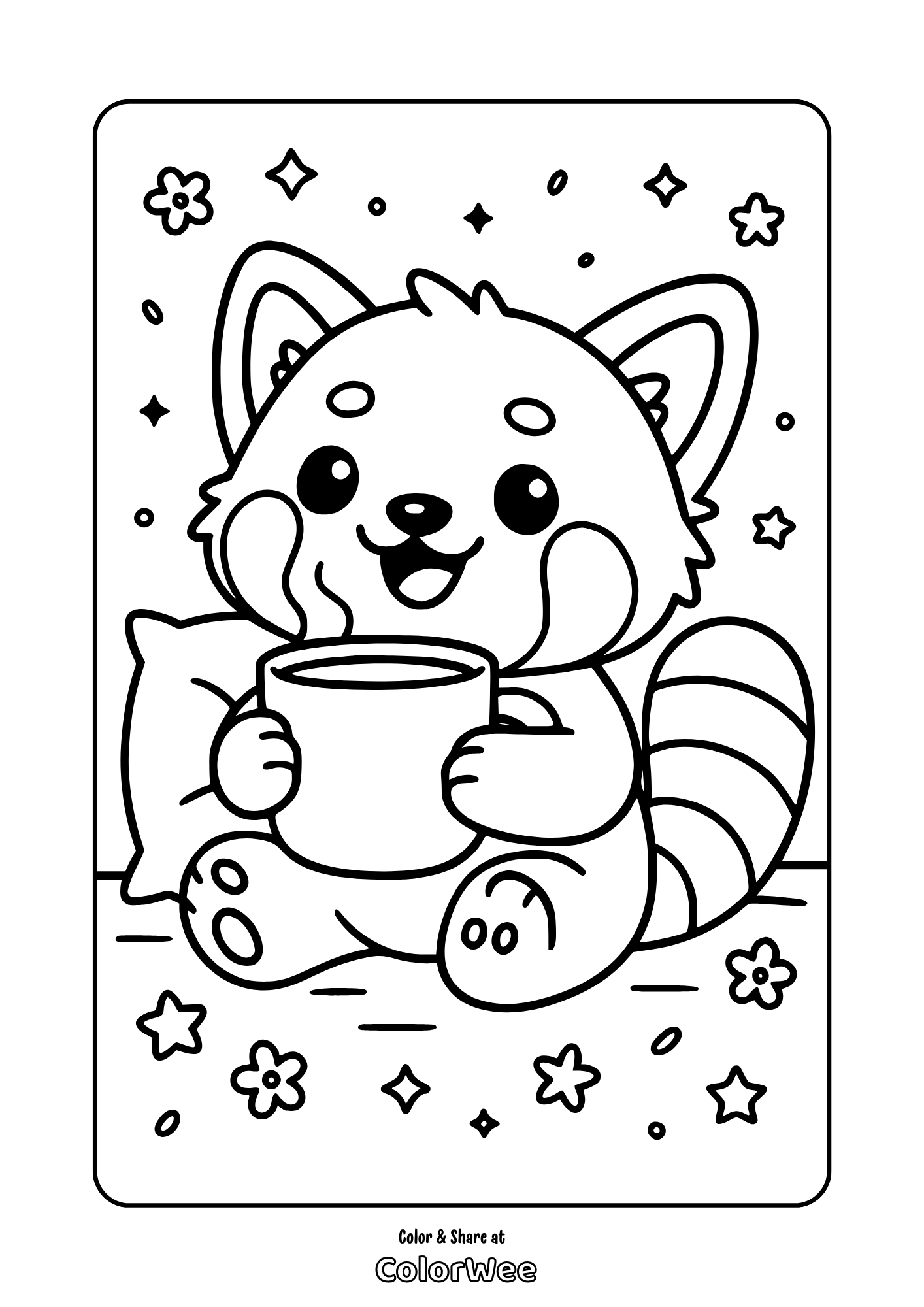 Cute raccoon coloring page with stars, pillow, and steaming mug.
