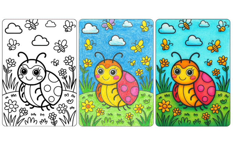 Coloring page of a cute ladybug with flowers and bees.