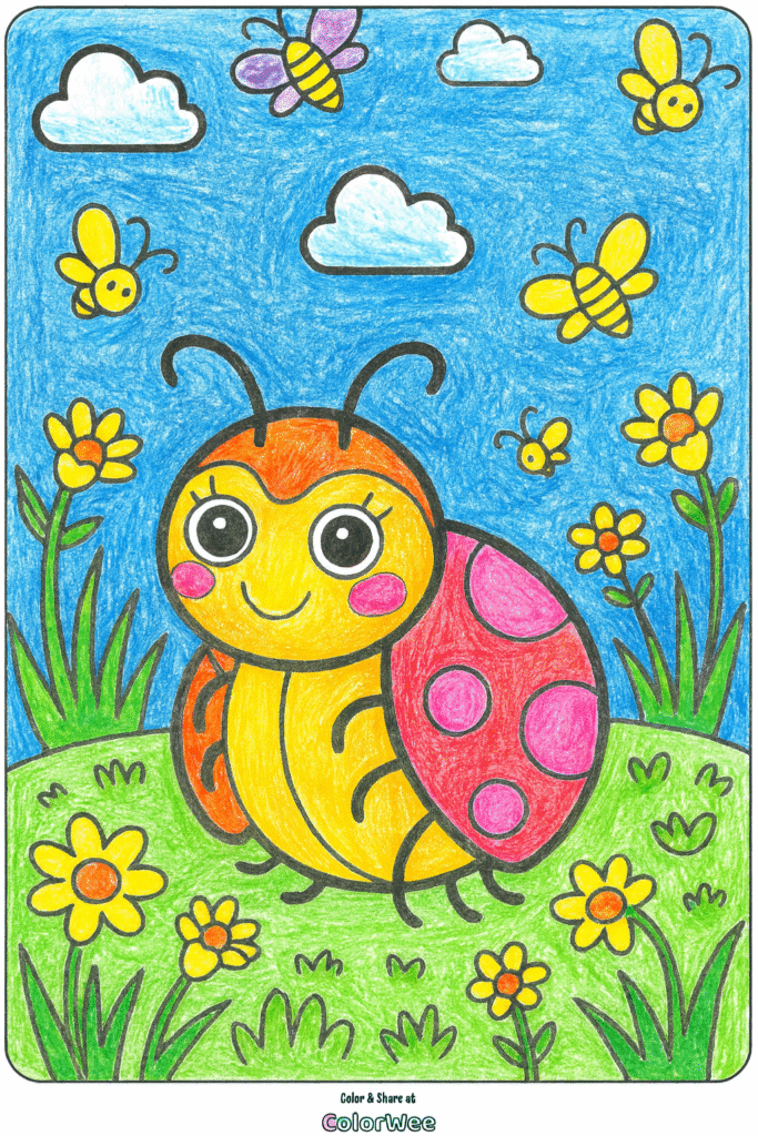 Ladybug and bees coloring page with flowers and clouds.