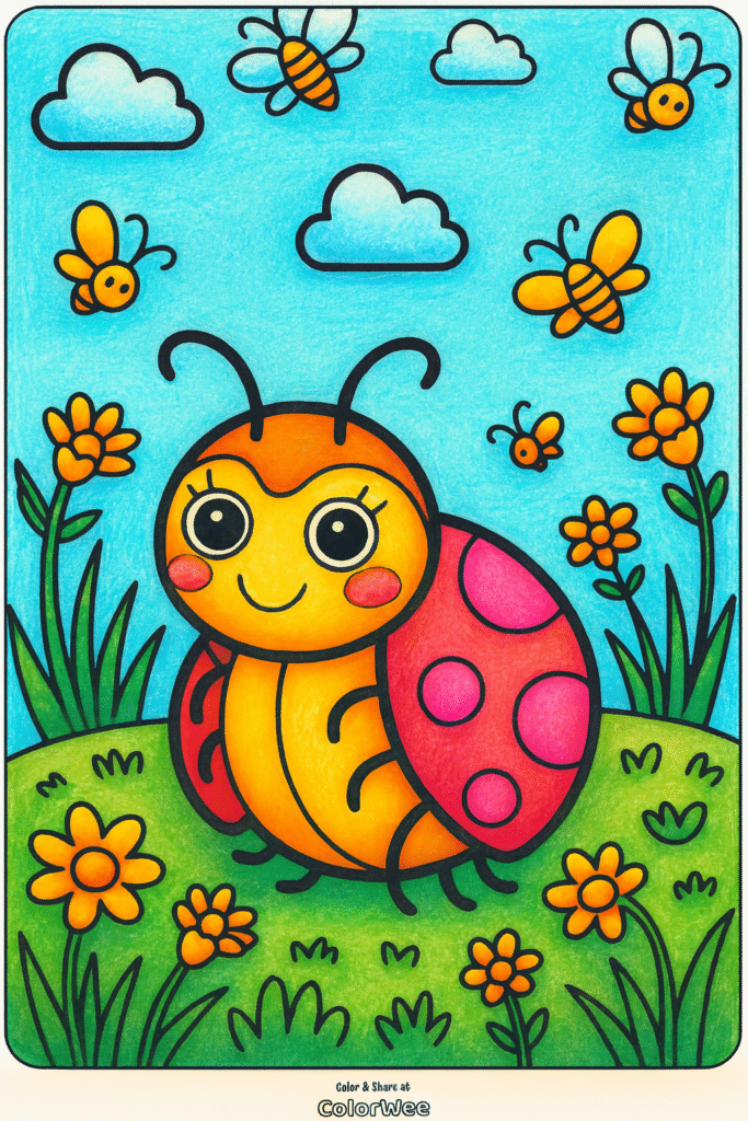 Cute ladybug on a flower-filled meadow with smiling bees.