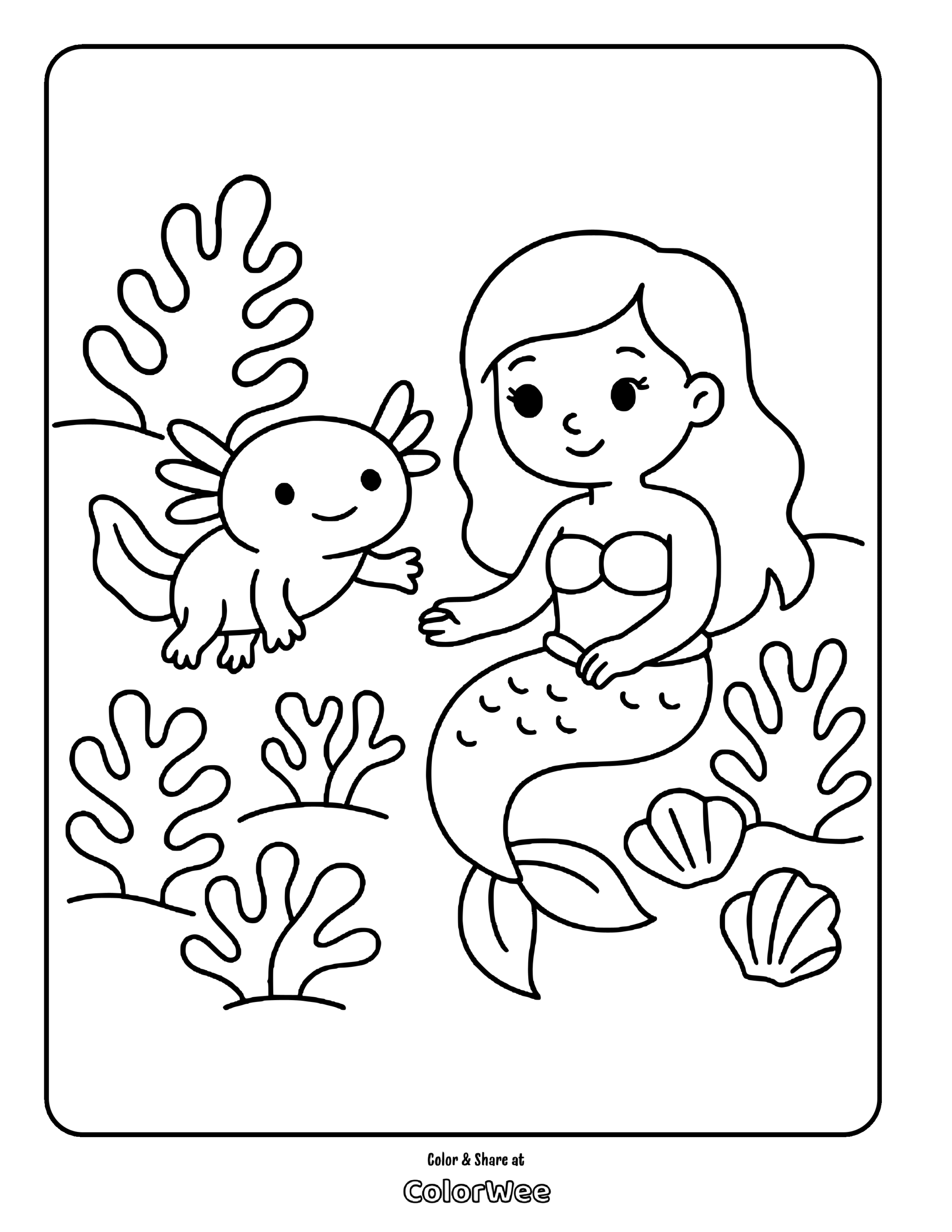 Mermaid and axolotl coloring page with seashells and coral.