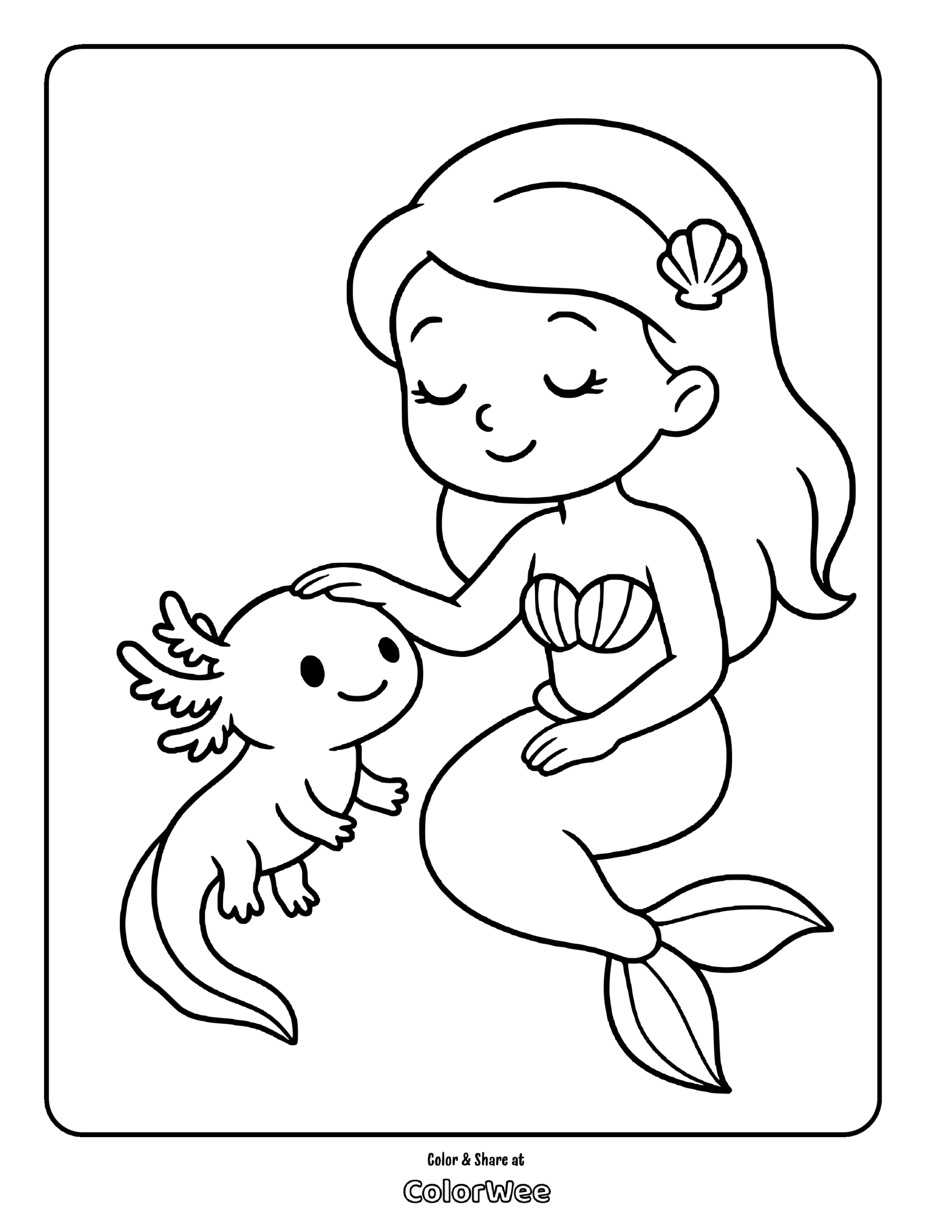 Cute mermaid and axolotl coloring page for kids.