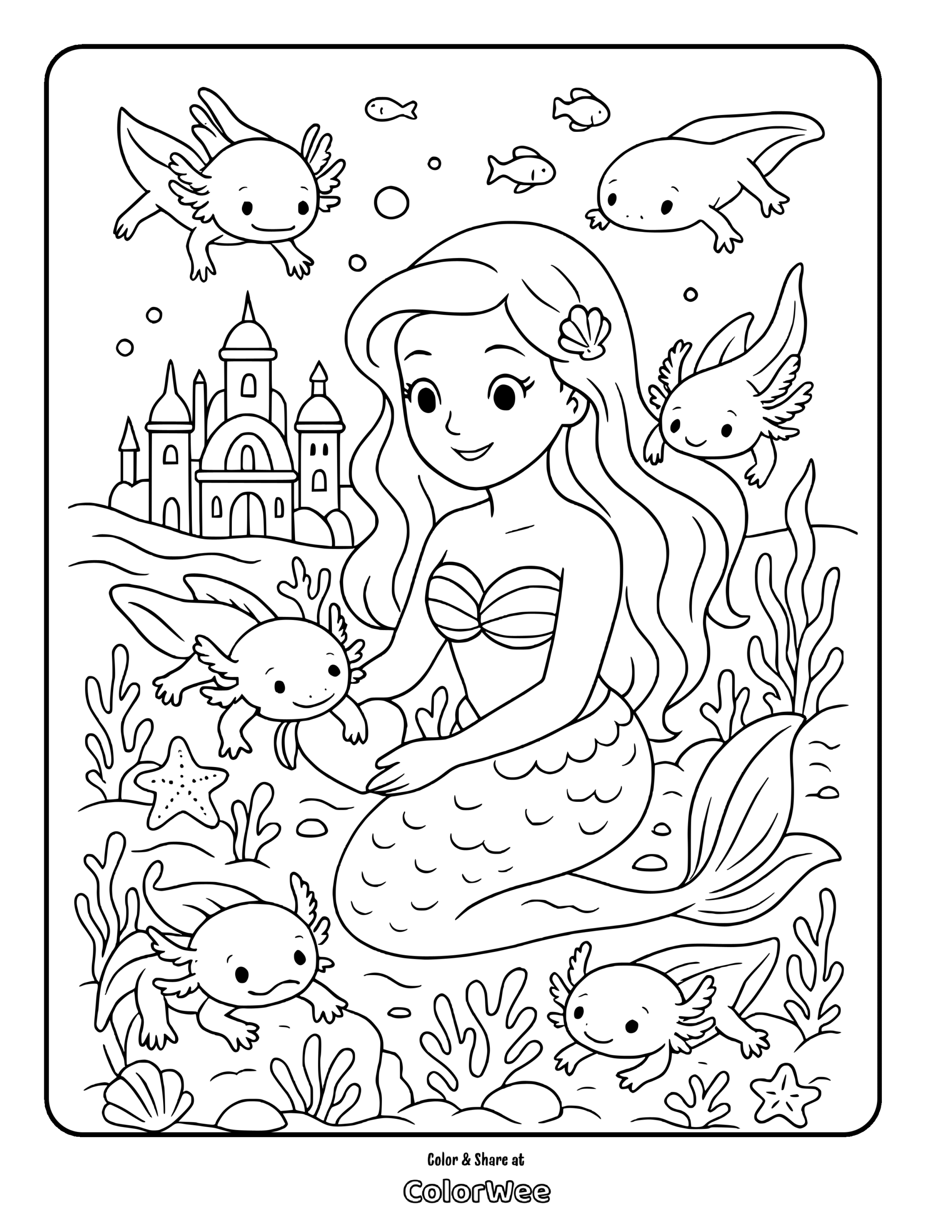 Mermaid and axolotls in an underwater kingdom coloring page.