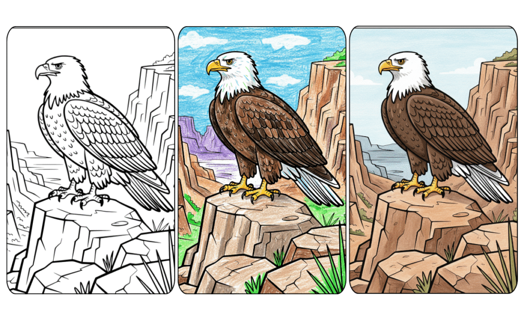 Bald eagle coloring page showing progress from outline to colored.