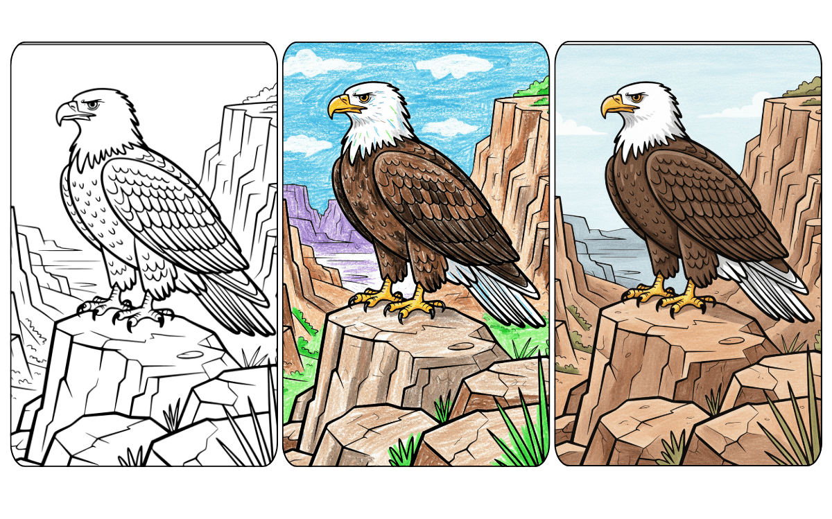 Bald eagle coloring page showing progress from outline to colored.
