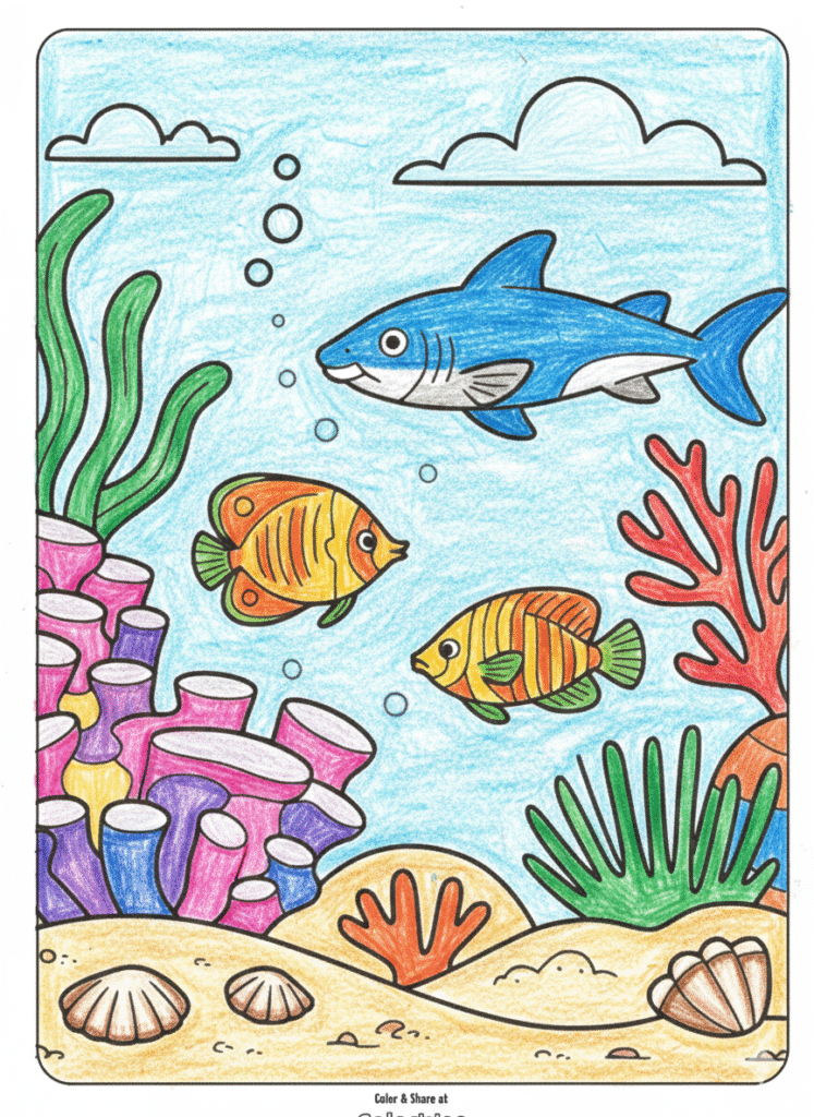 Colorful underwater scene with fish, shark, coral, and seashells.