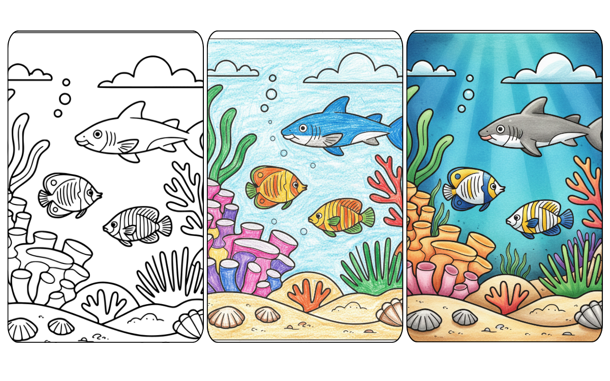 Underwater coloring page with fish and coral reef