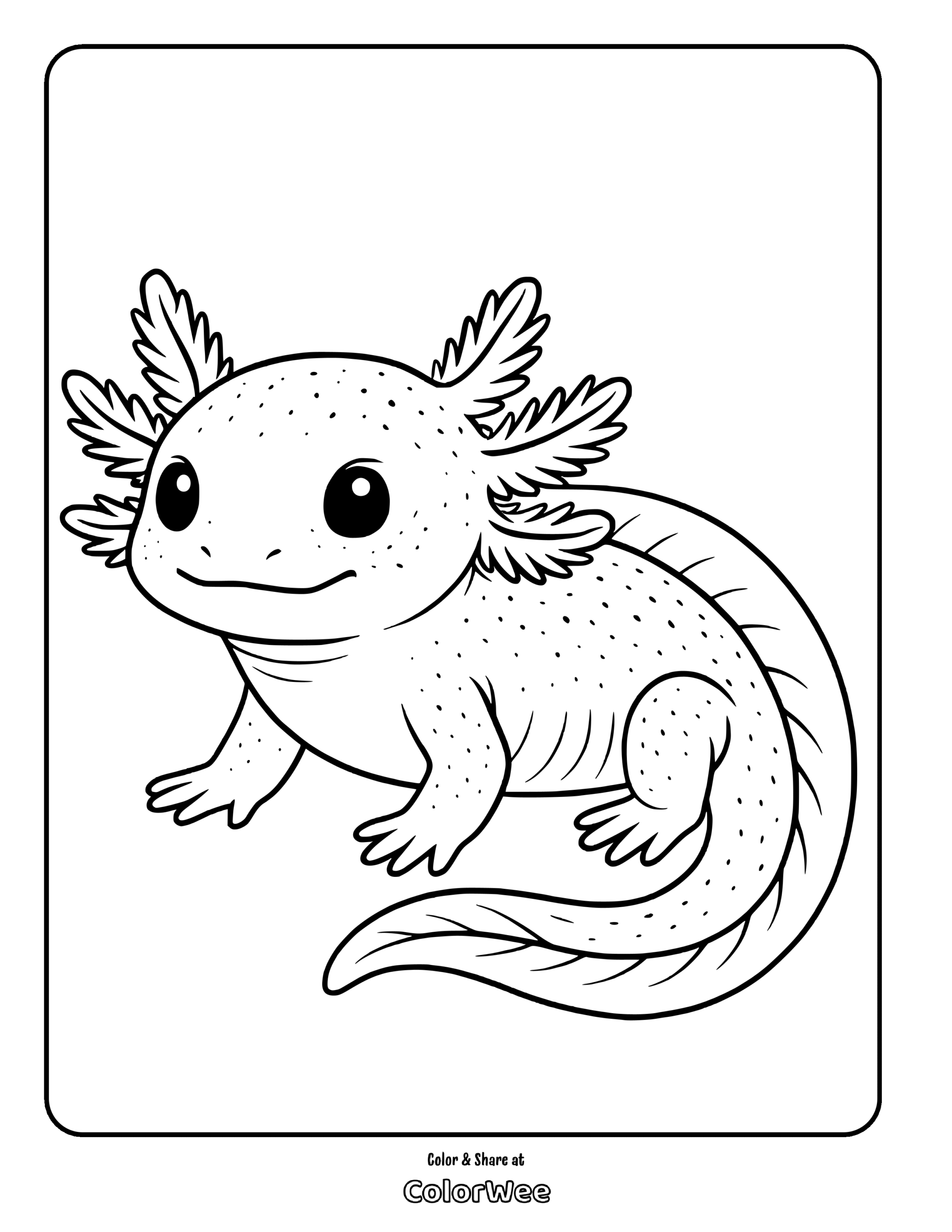 Cute axolotl coloring page for kids to print and color.