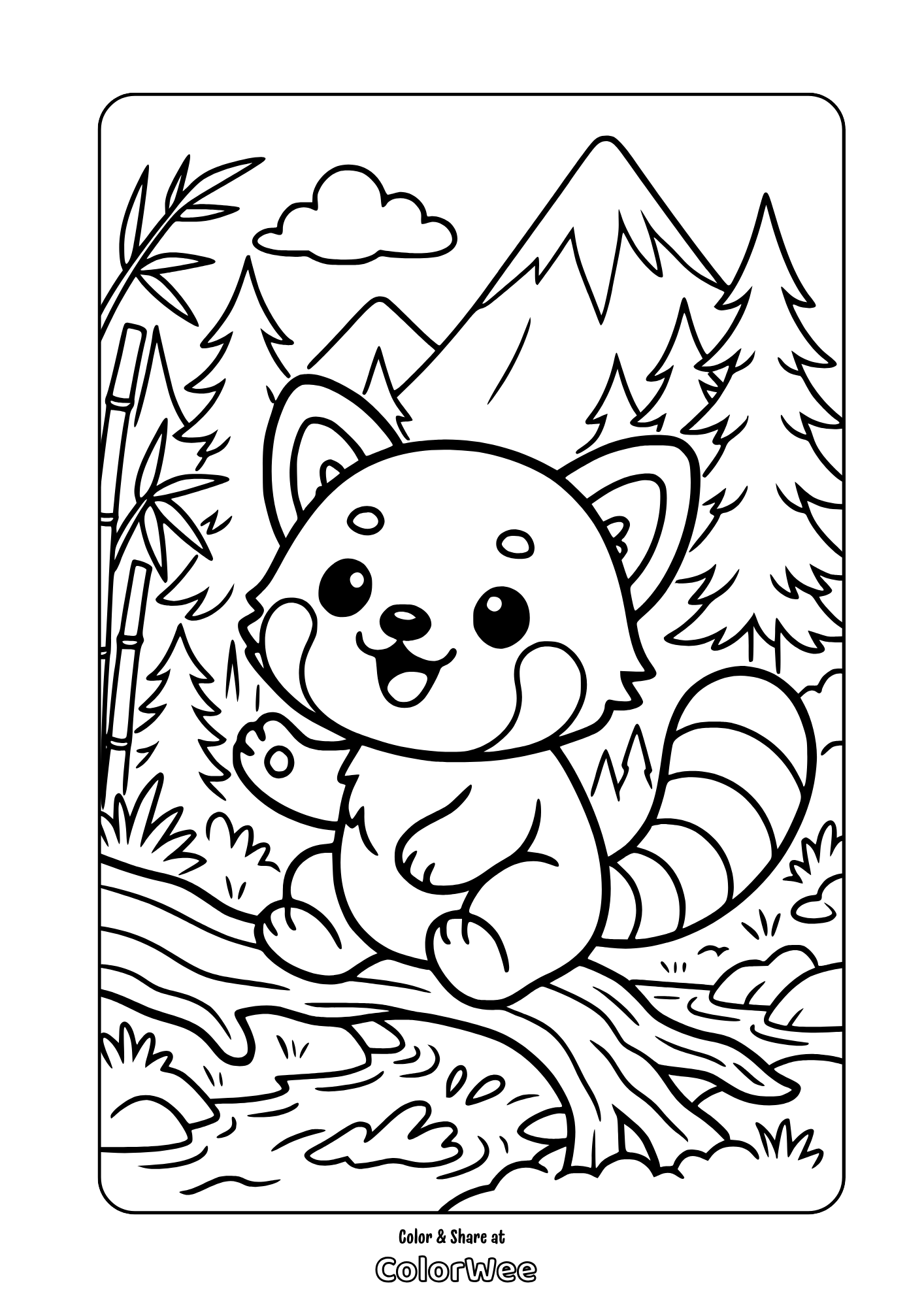 Cute panda coloring page in mountain forest scene.
