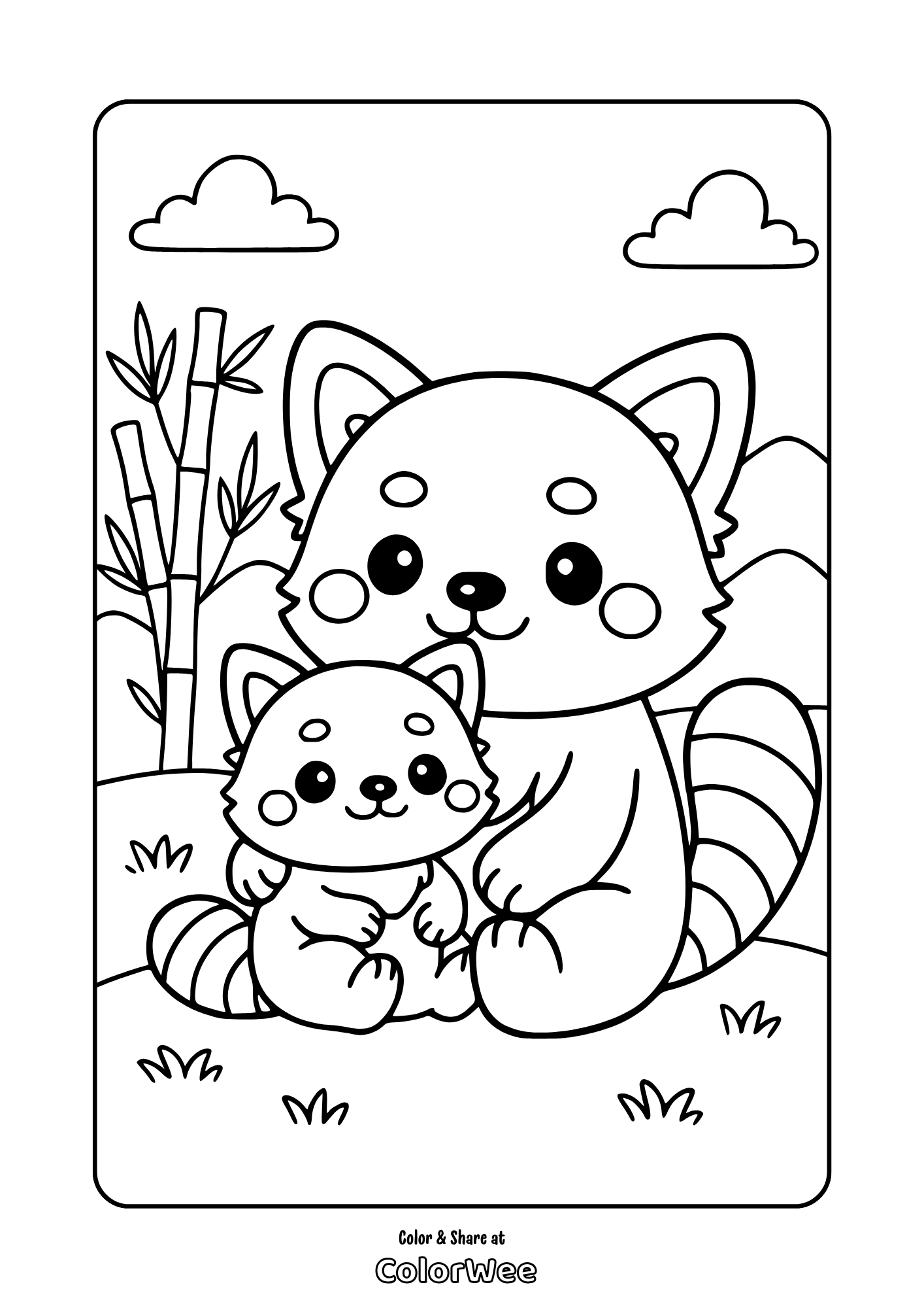 Cute red panda coloring page for kids with bamboo background.