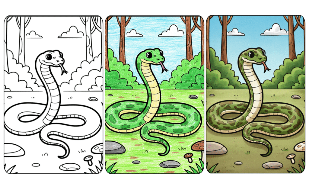 Snake coloring page progression: black and white, colored, final shaded.