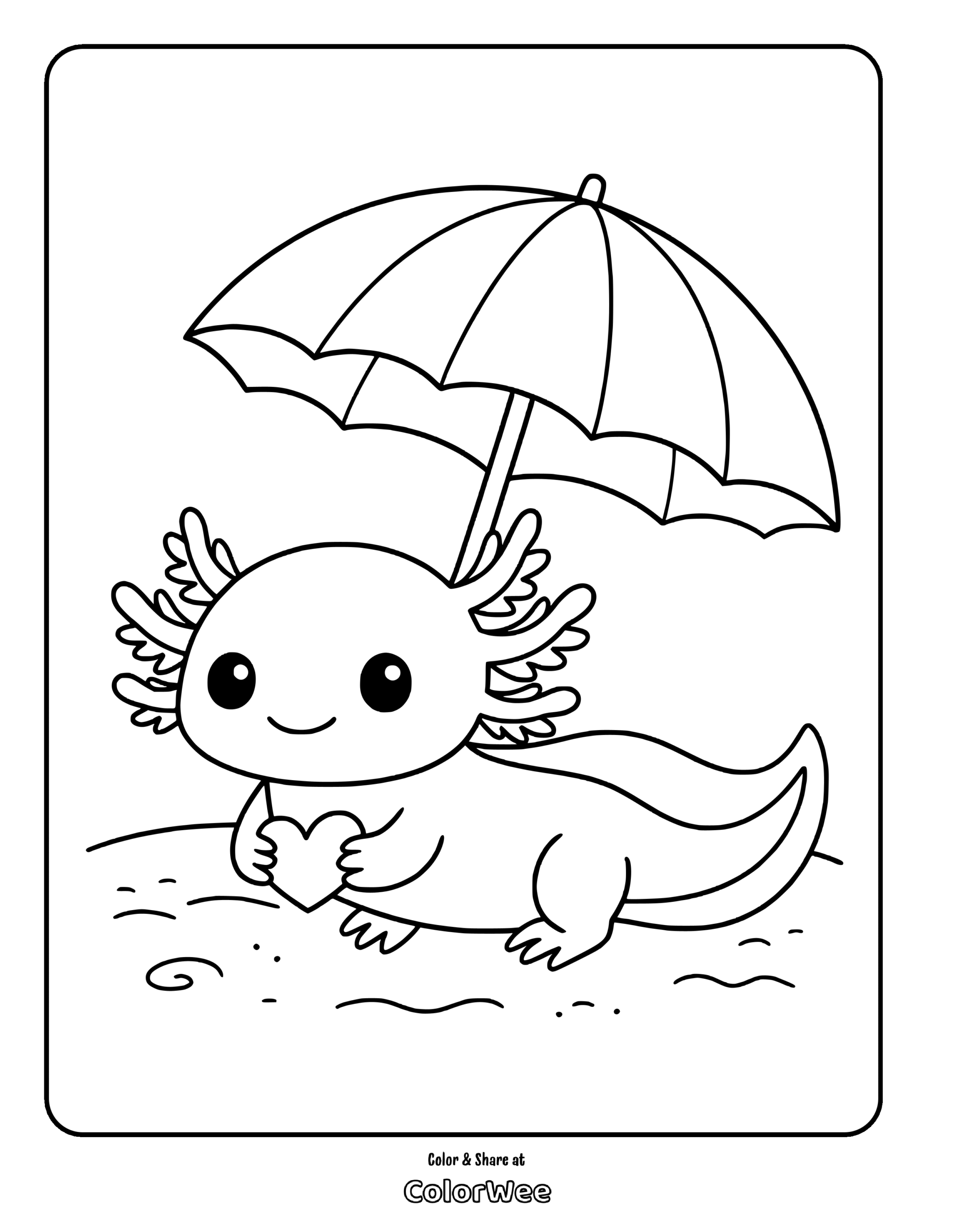 Axolotl holds heart under umbrella coloring page.