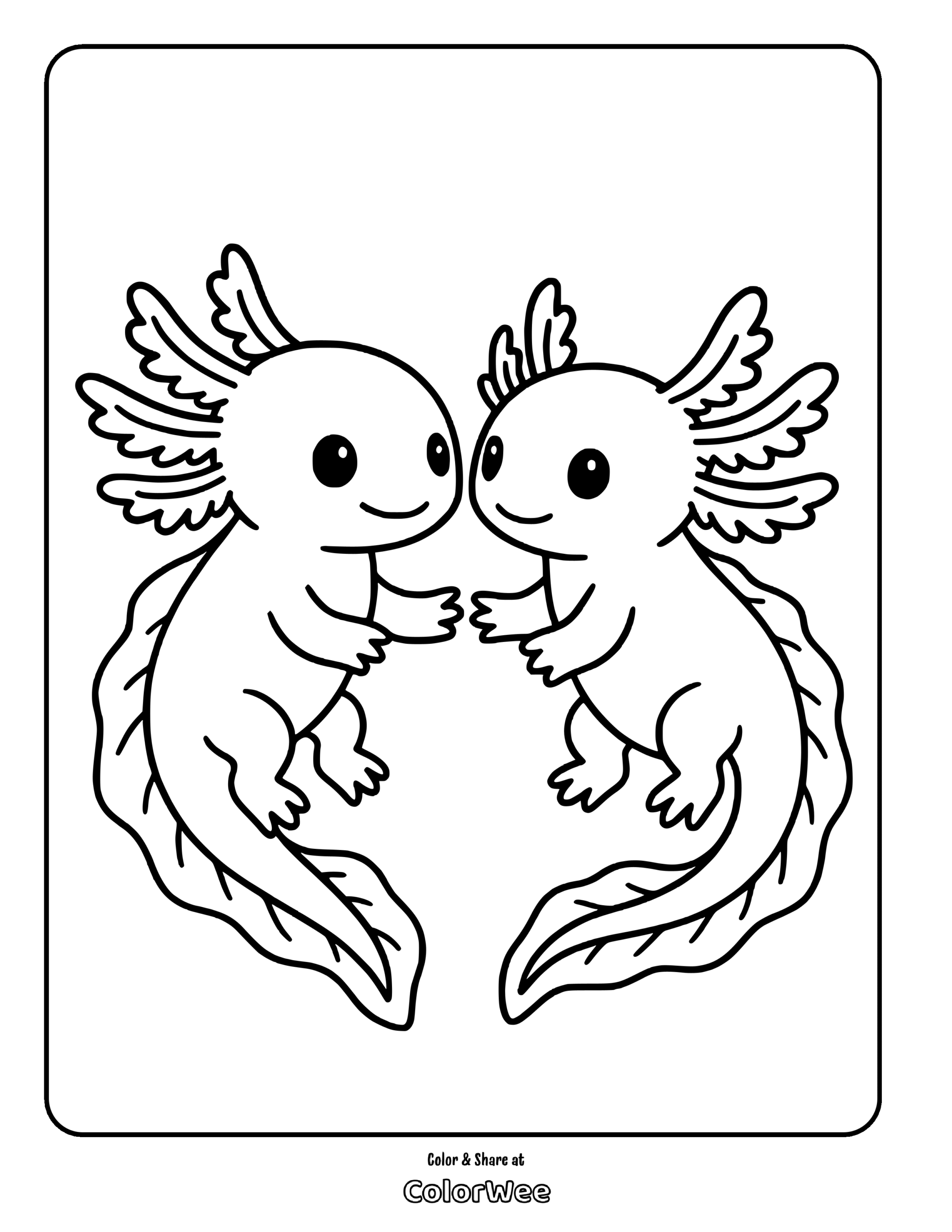 Cute axolotl friends coloring page for kids.