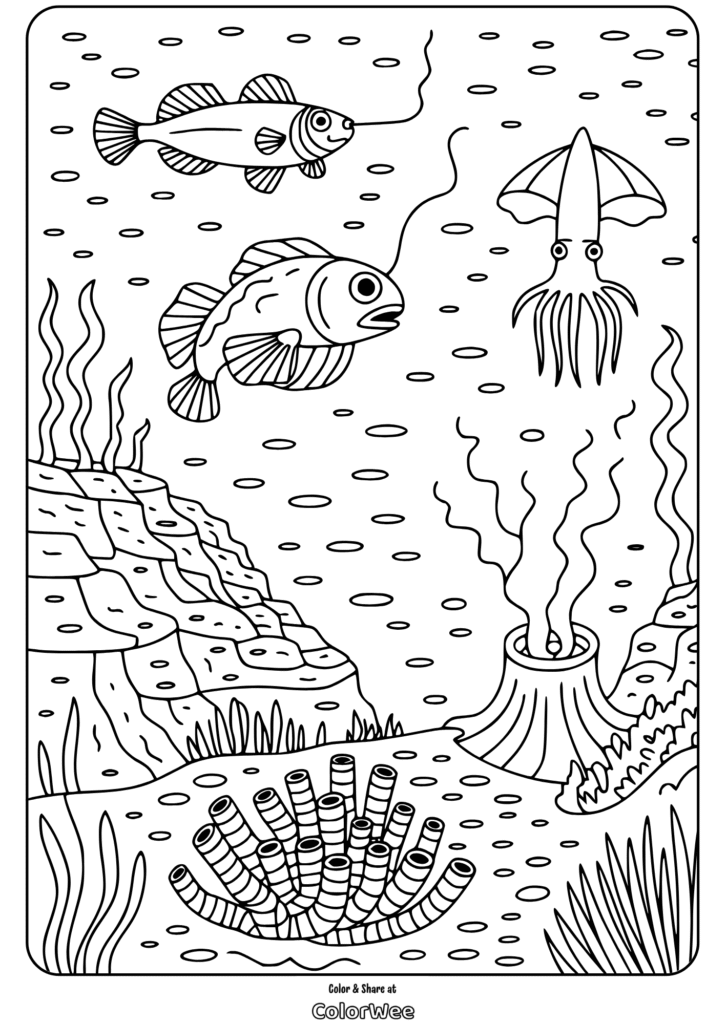 Underwater scene coloring page with fish and squid.