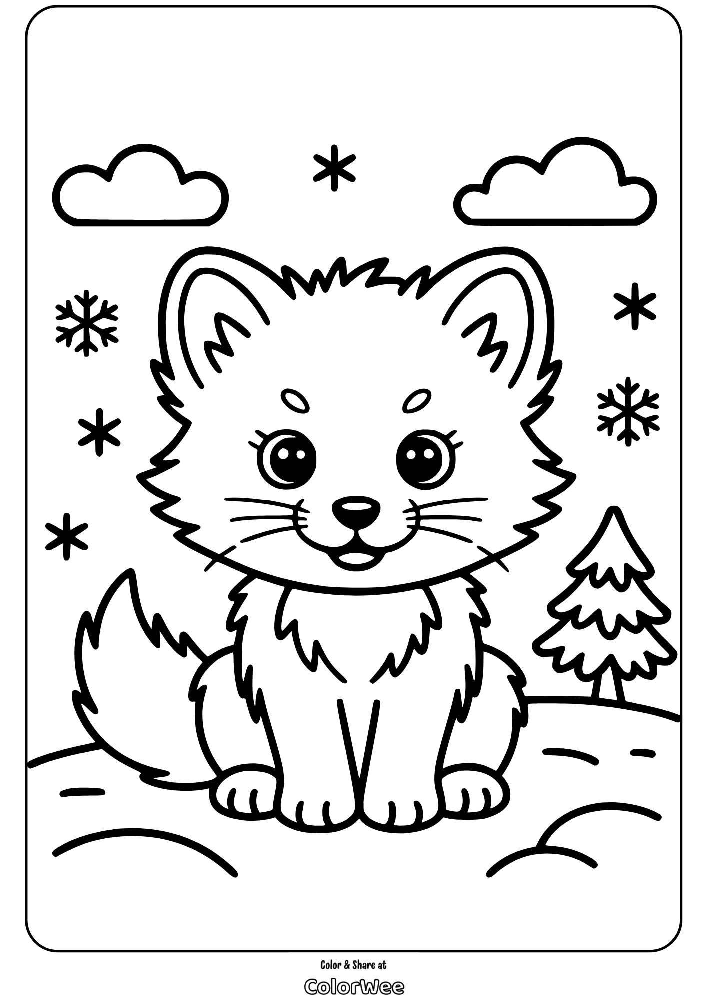 Cute winter fox coloring page with snowflakes and trees.